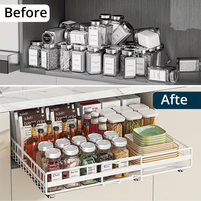 No Drill Pull Out Spice Rack - Adjustable Slide Out Shelf for Kitchen Cabinets (2 Pack)