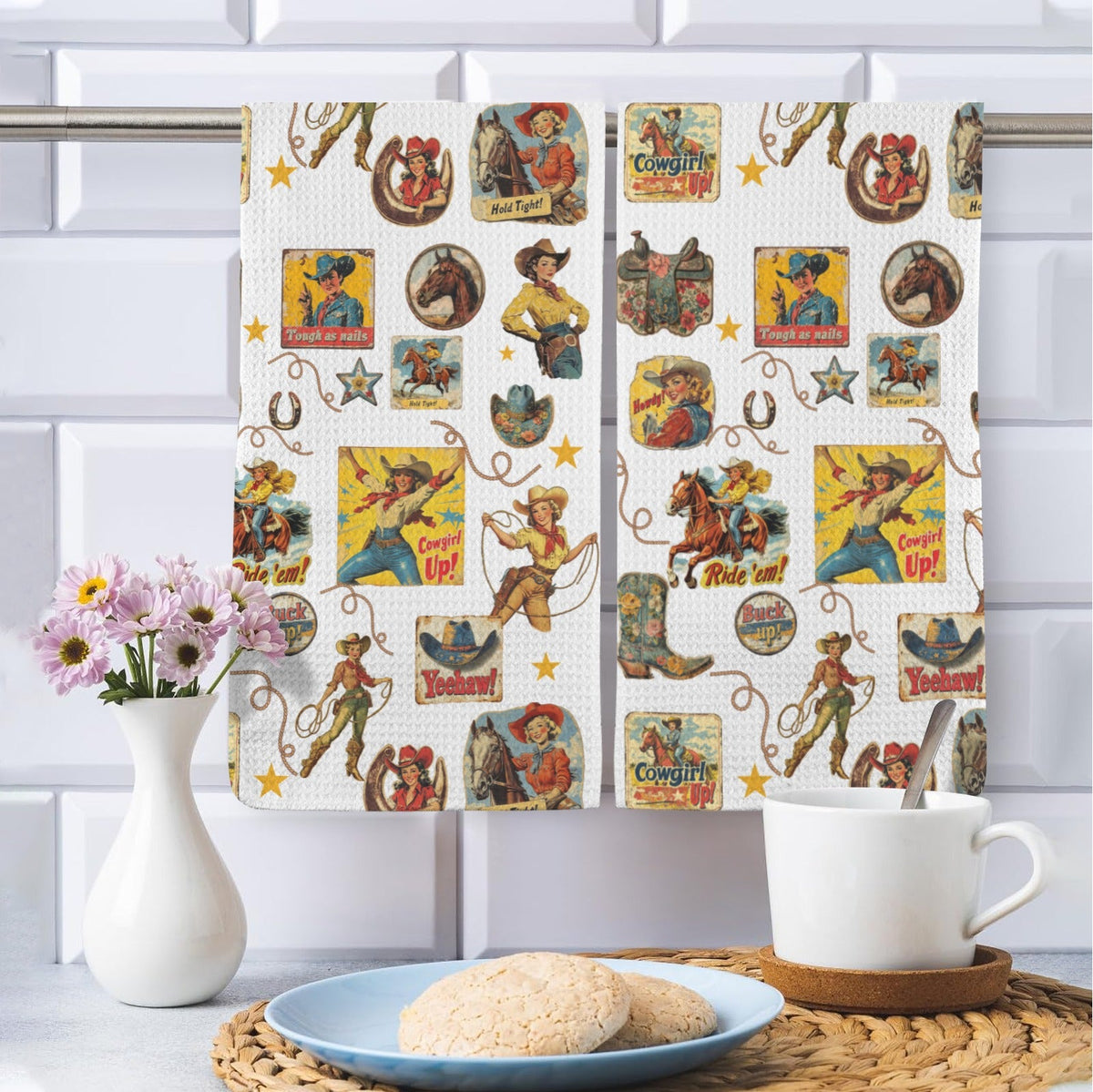Baha Ranch Vintage Cowgirl Collage Dish Towels Set of 2