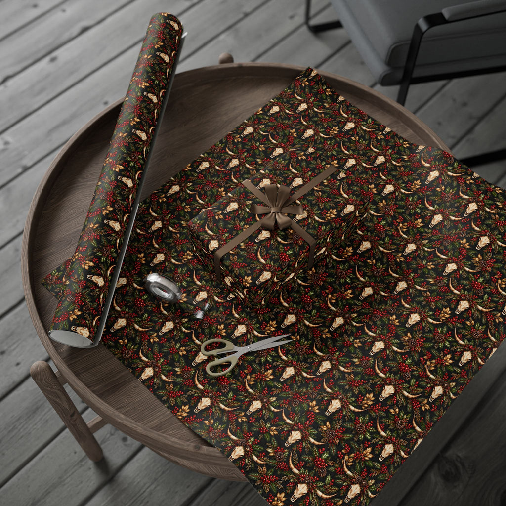 Longhorn & Holly Western Christmas Wrapping Paper