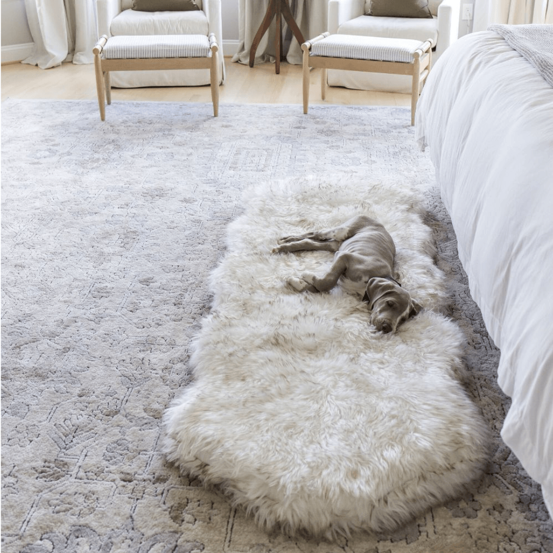 Pup Rug® Runner Faux Fur Memory Foam Dog Bed - Curve White with Brown Accents