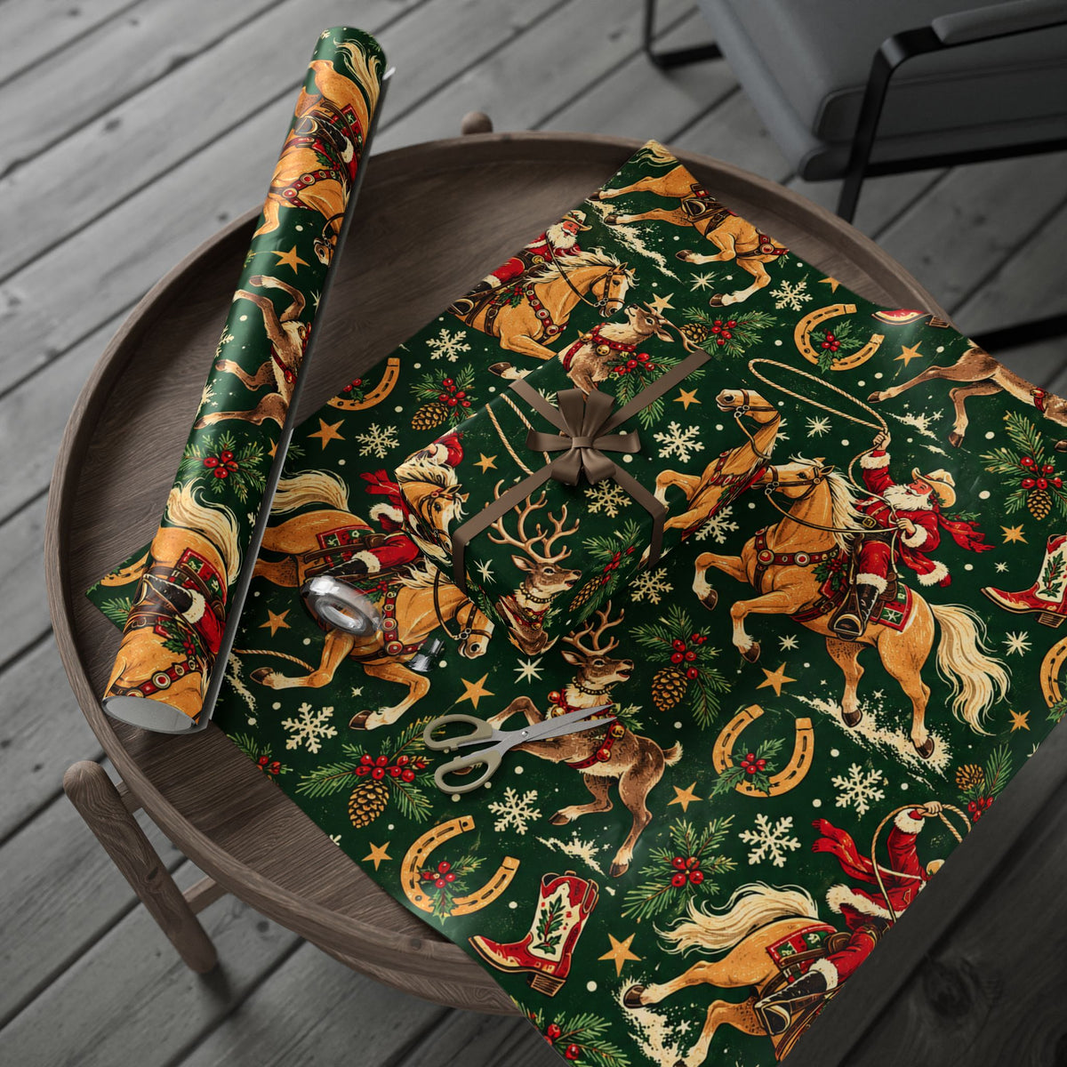 Santa’s Reindeer Roundup Western Christmas Wrapping Paper