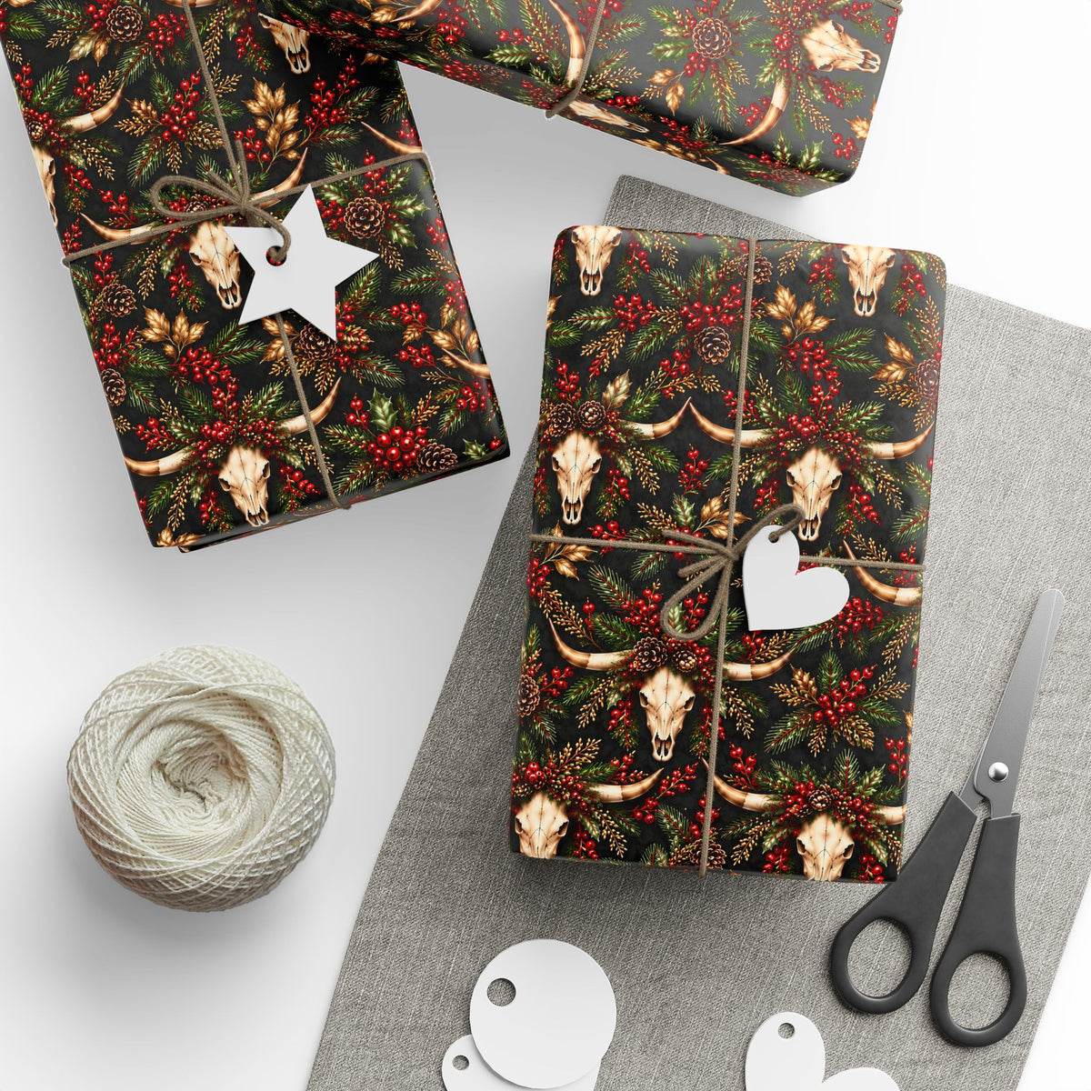 Longhorn & Holly Western Christmas Wrapping Paper