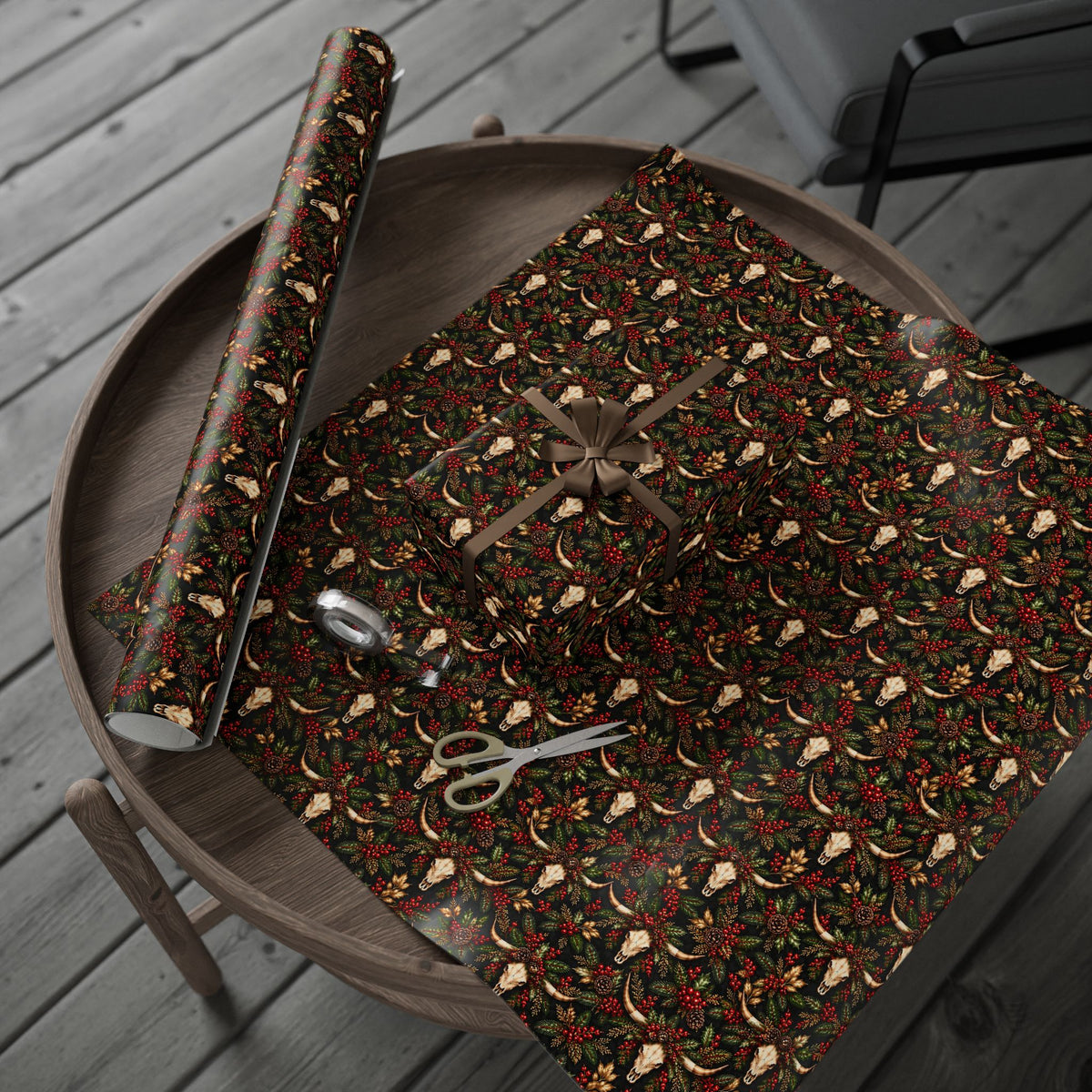 Longhorn & Holly Western Christmas Wrapping Paper