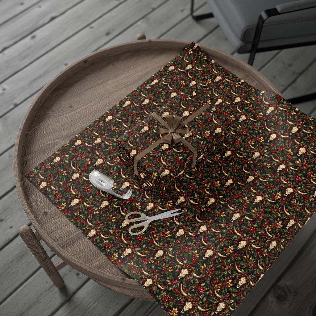 Longhorn & Holly Western Christmas Wrapping Paper