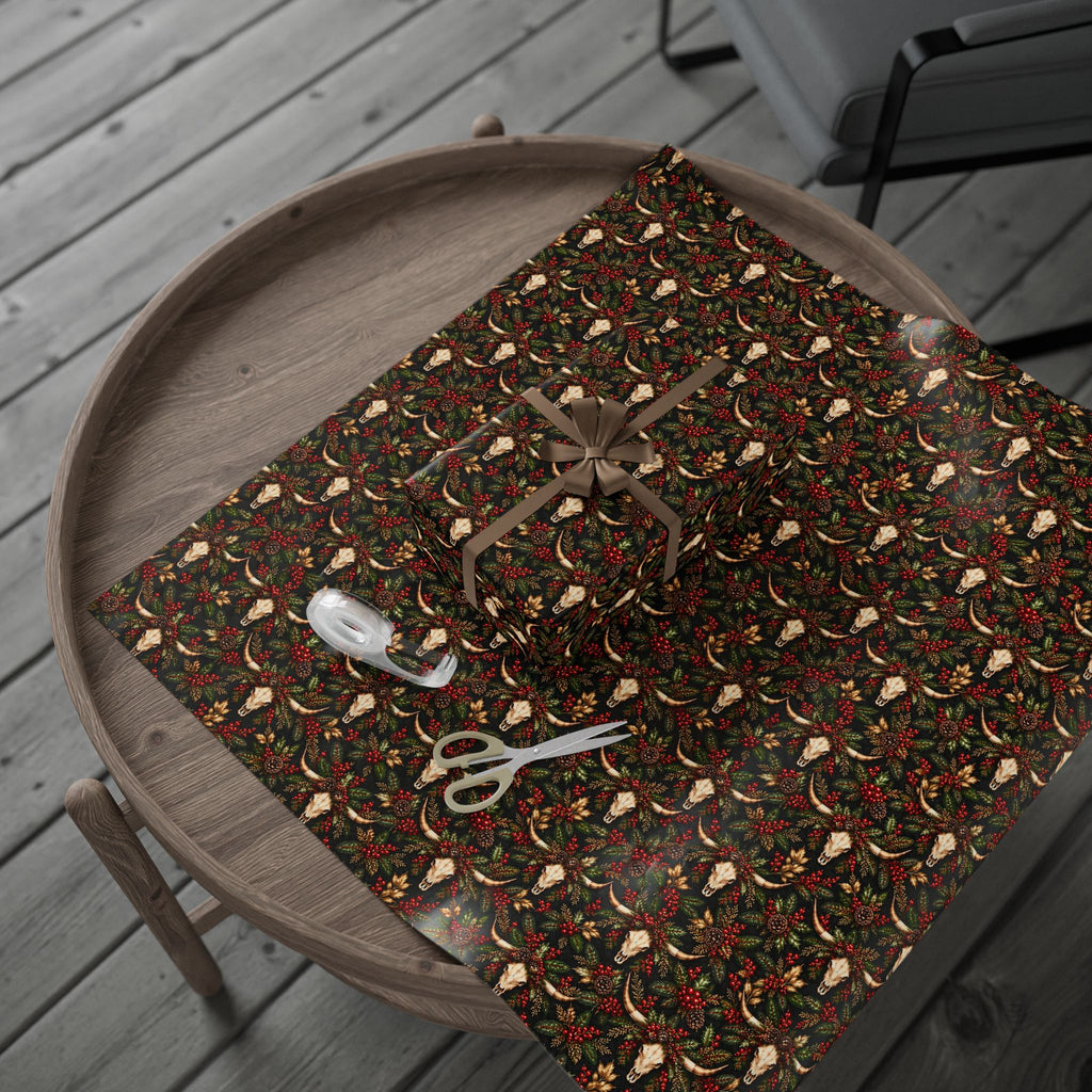 Longhorn & Holly Western Christmas Wrapping Paper