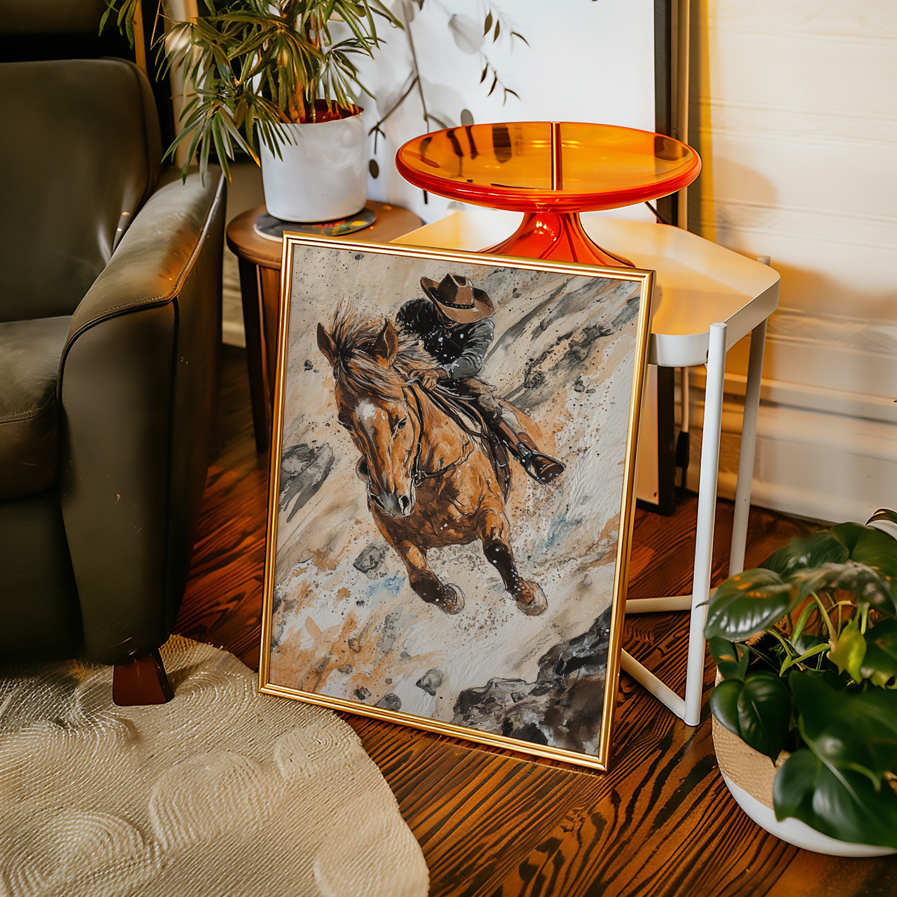 Downhill Cowboy Canvas – Western Action Horseback Painting