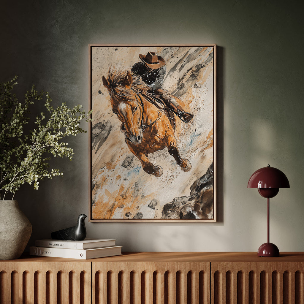 Downhill Cowboy Canvas – Western Action Horseback Painting