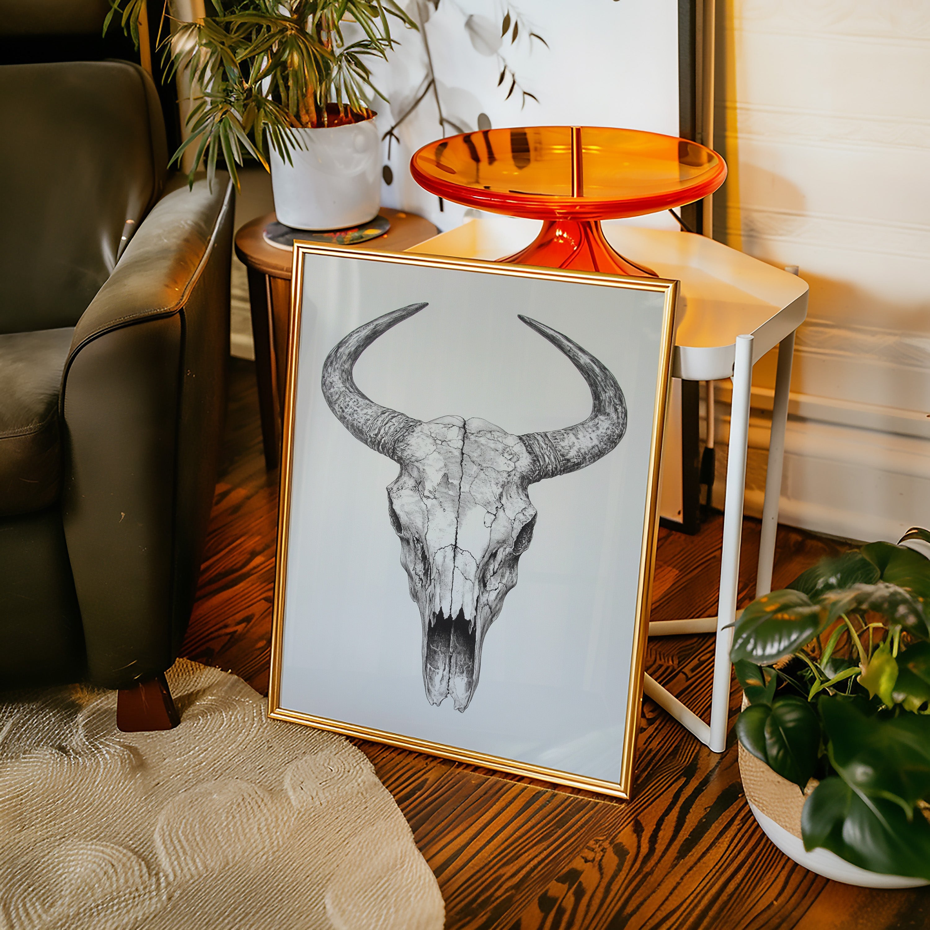 Western Bull Skull Line Art Print – Rustic Cowboy Wall Decor