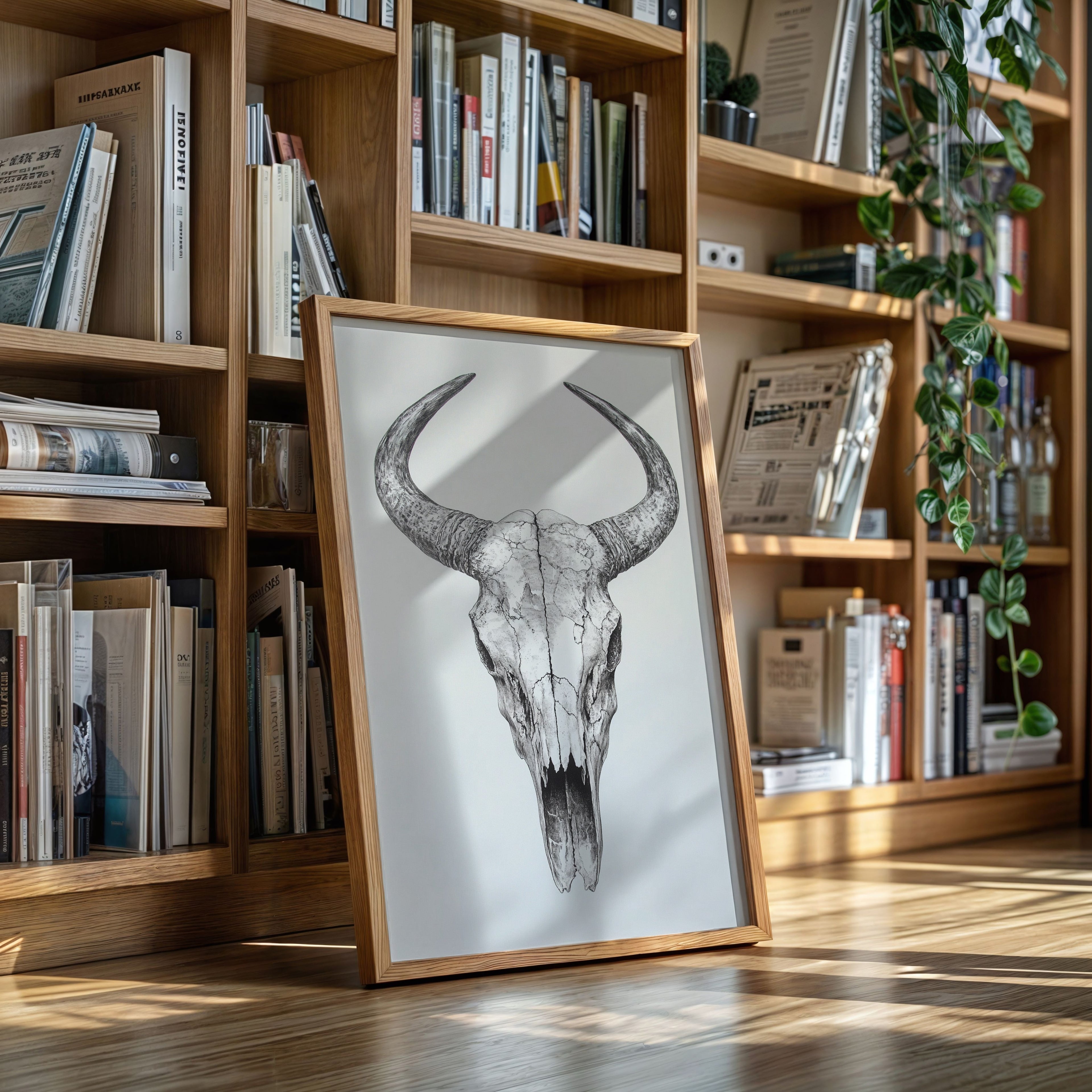 Western Bull Skull Line Art Print – Rustic Cowboy Wall Decor