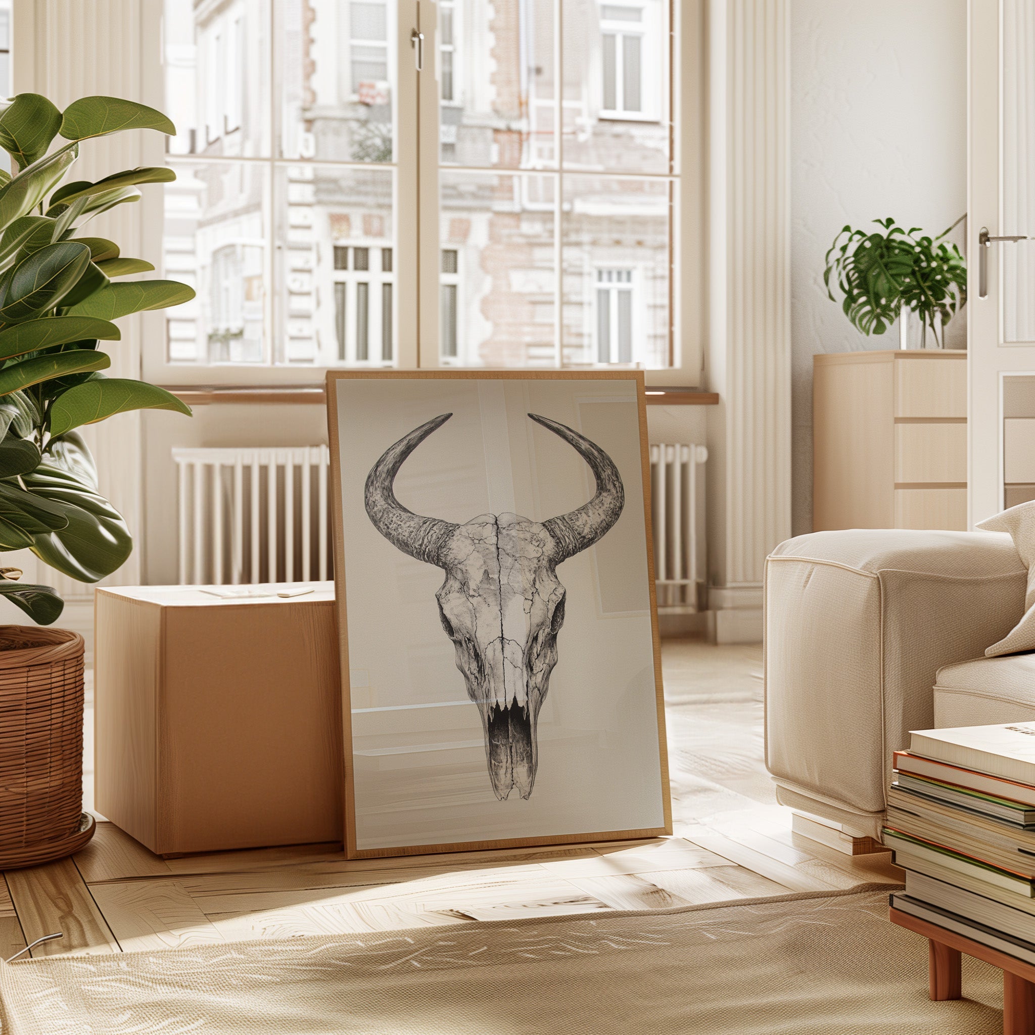 Western Bull Skull Line Art Print – Rustic Cowboy Wall Decor
