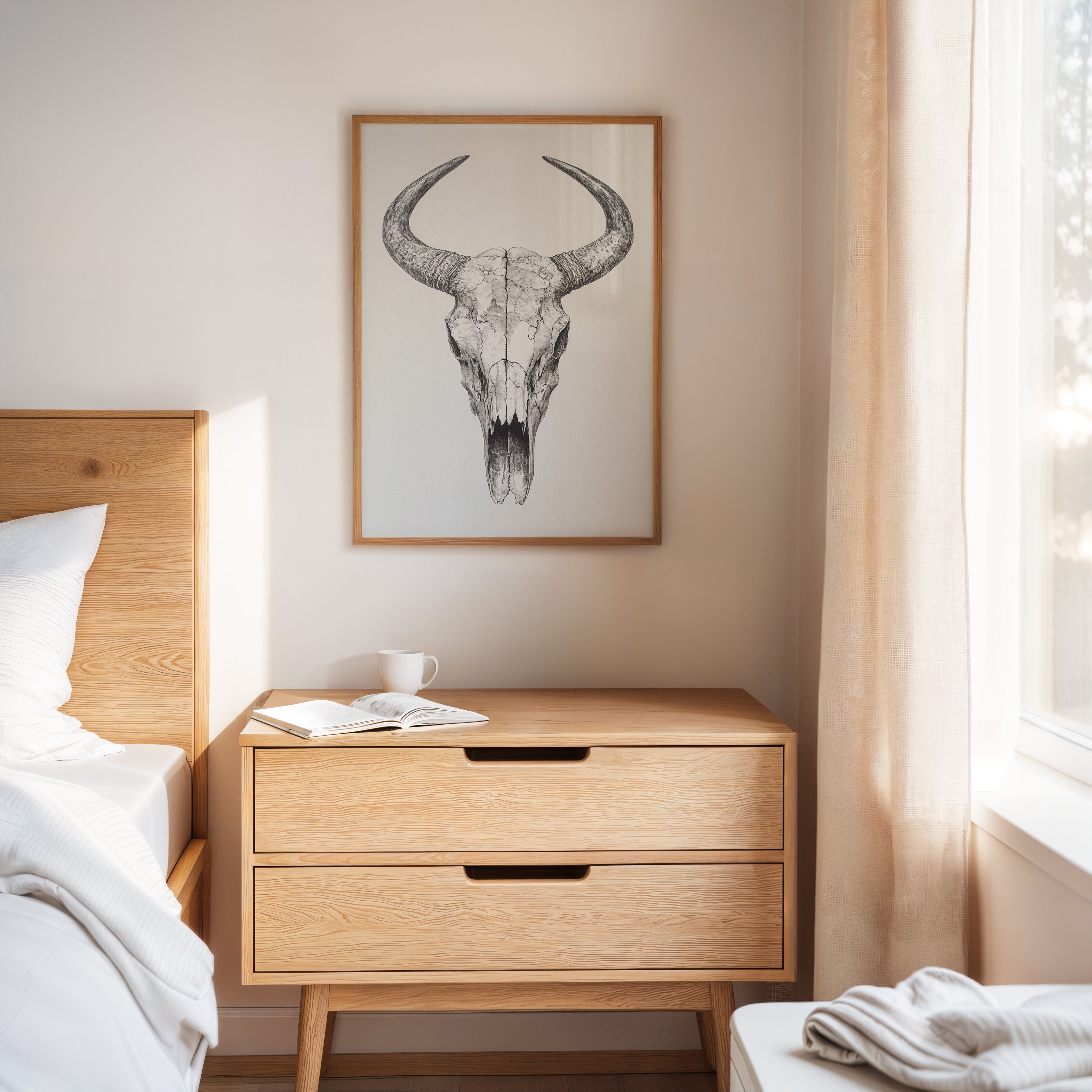 Western Bull Skull Line Art Print – Rustic Cowboy Wall Decor