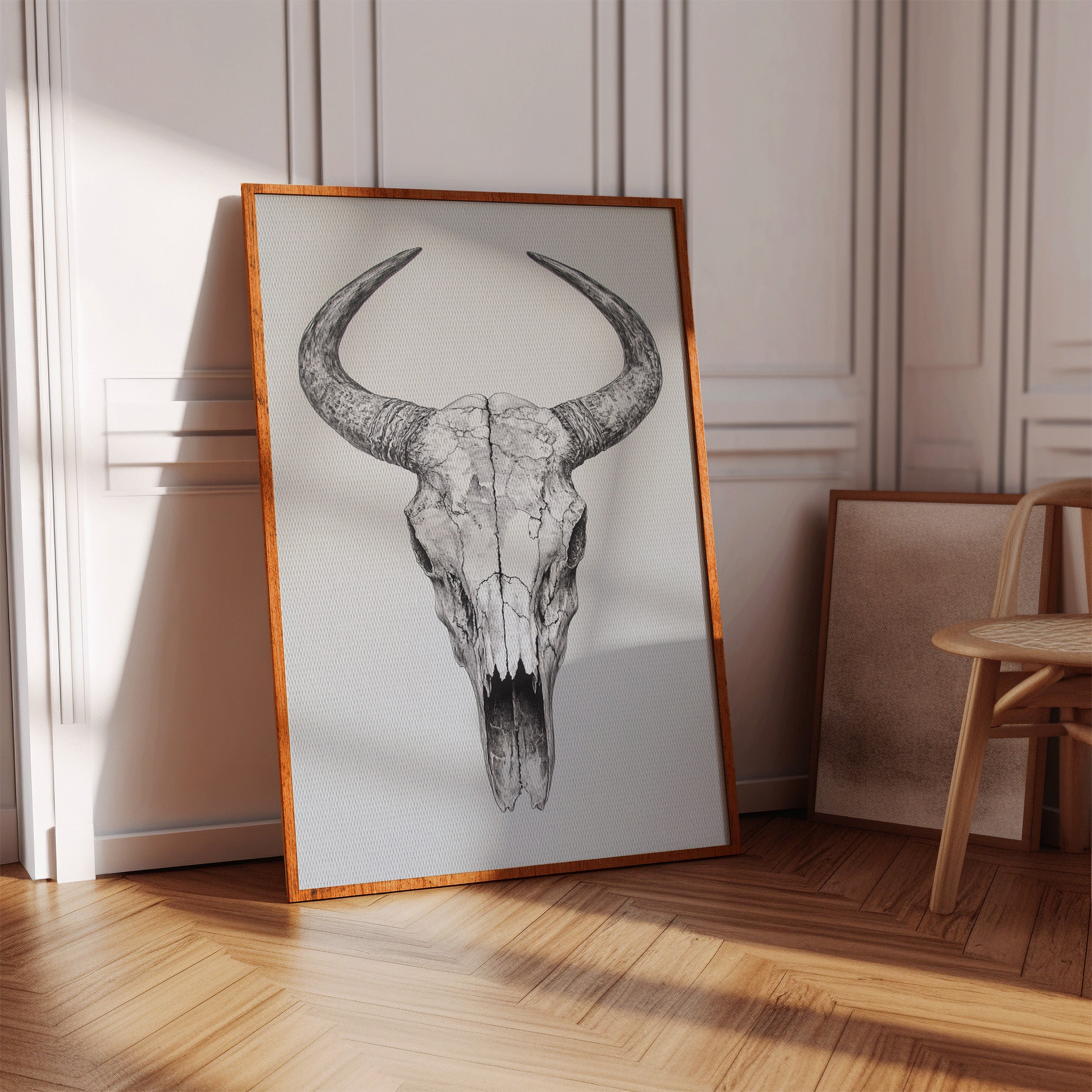 Western Bull Skull Line Art Print – Rustic Cowboy Wall Decor