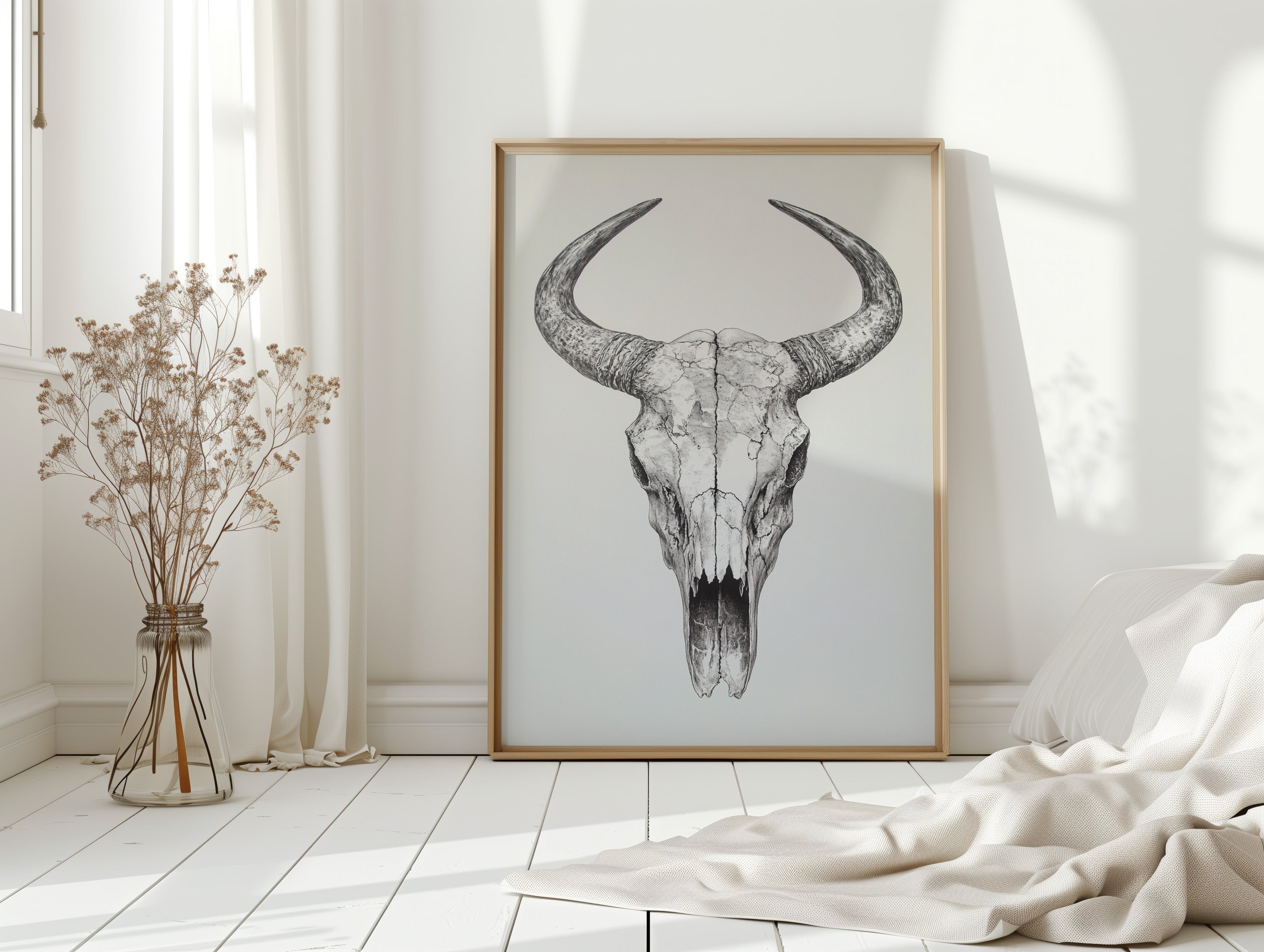 Western Bull Skull Line Art Print – Rustic Cowboy Wall Decor