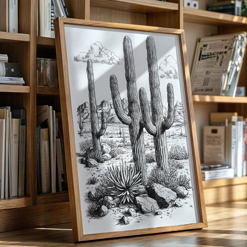 Desert Cactus Line Drawing – Southwestern Saguaro Wall Art