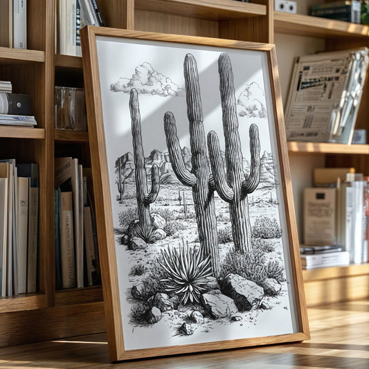 Desert Cactus Line Drawing – Southwestern Saguaro Wall Art