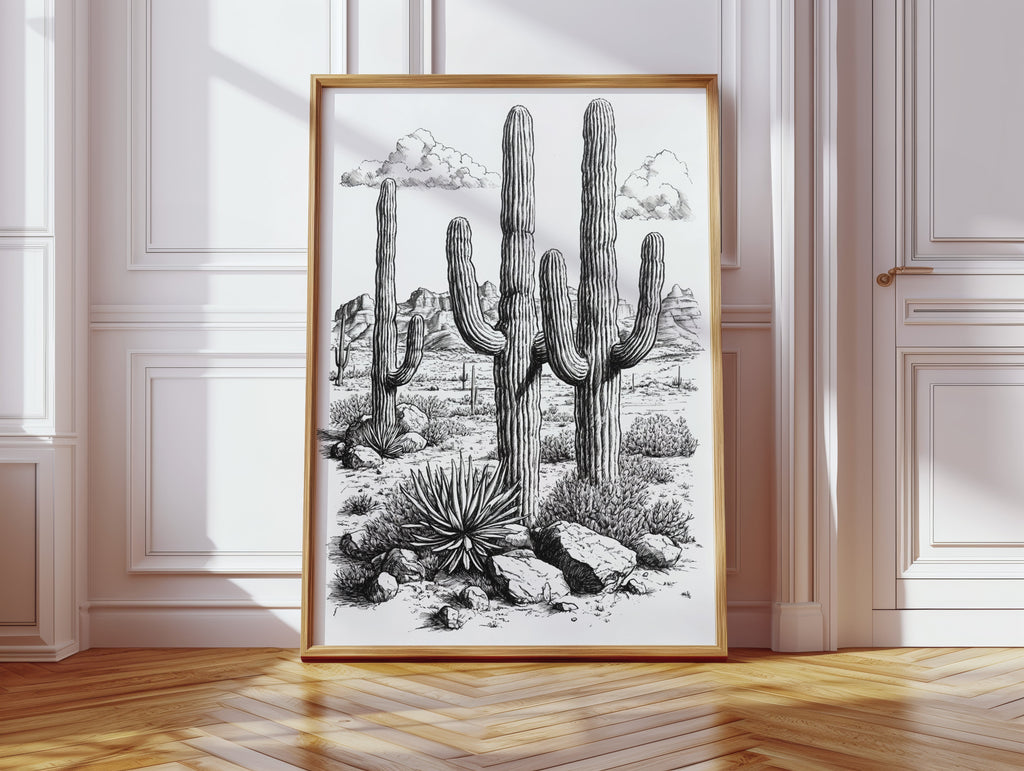 Desert Cactus Line Drawing – Southwestern Saguaro Wall Art