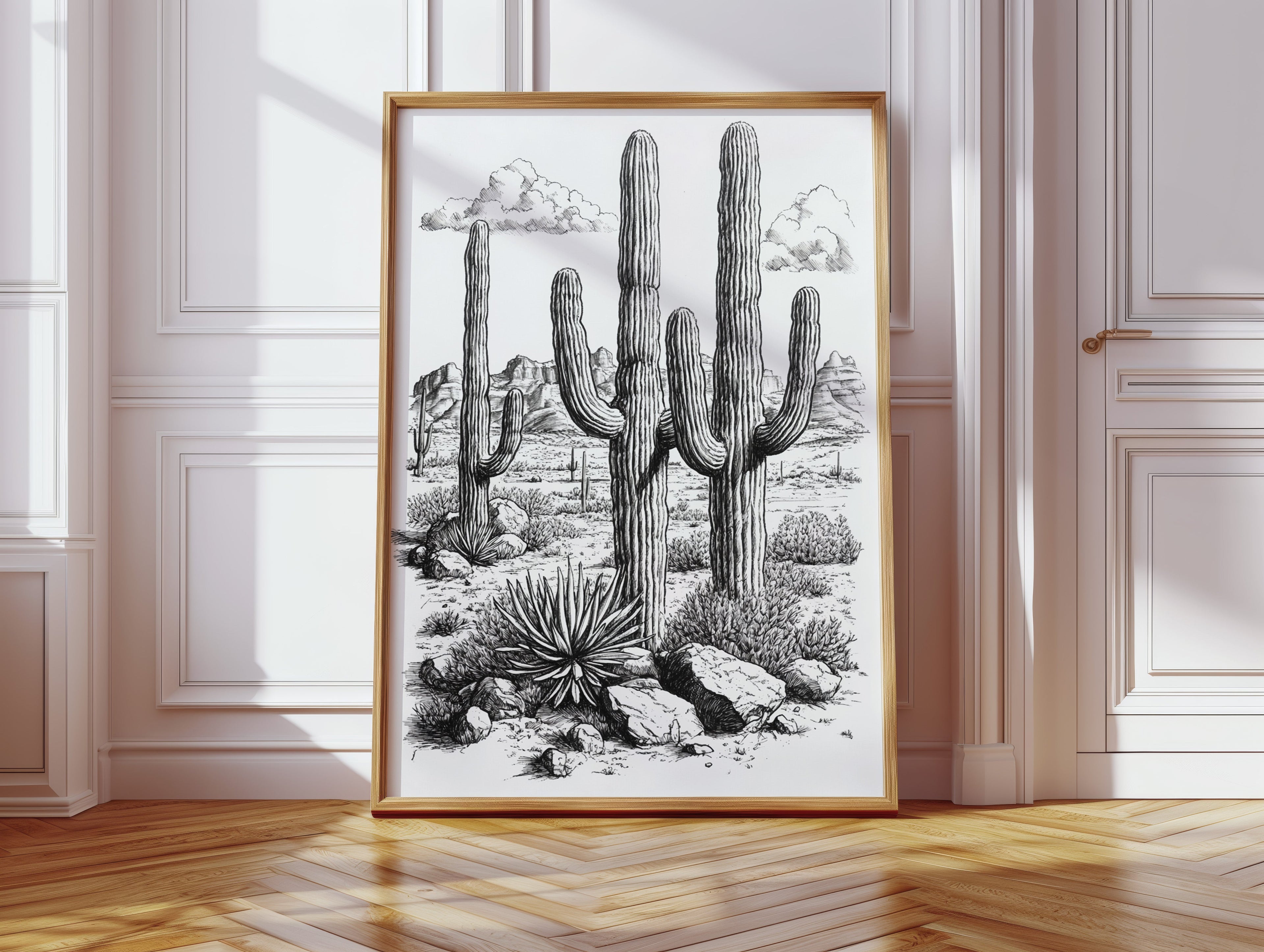 Desert Cactus Line Drawing – Southwestern Saguaro Wall Art