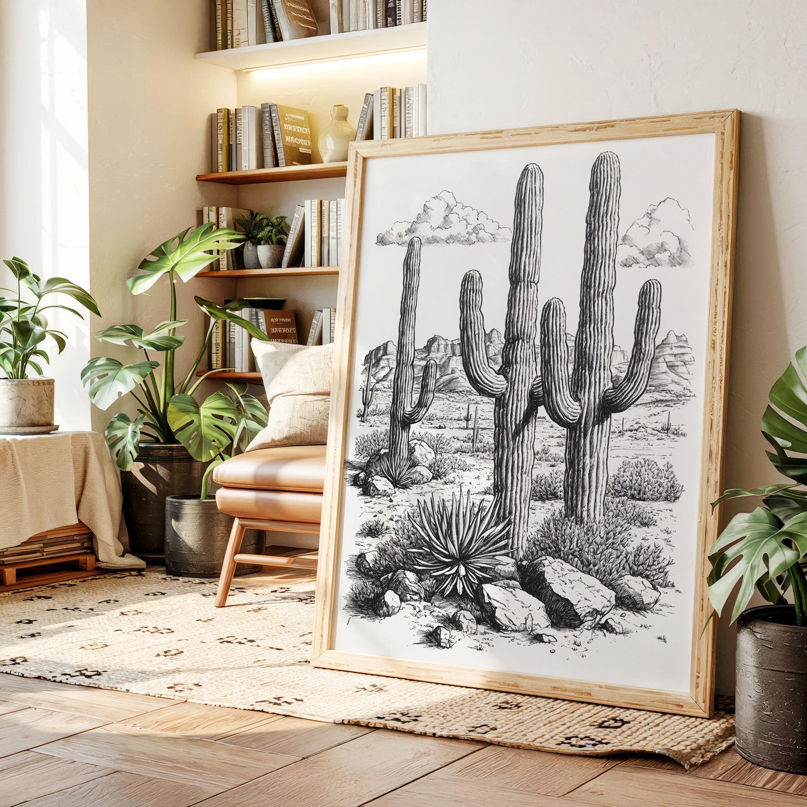 Desert Cactus Line Drawing – Southwestern Saguaro Wall Art