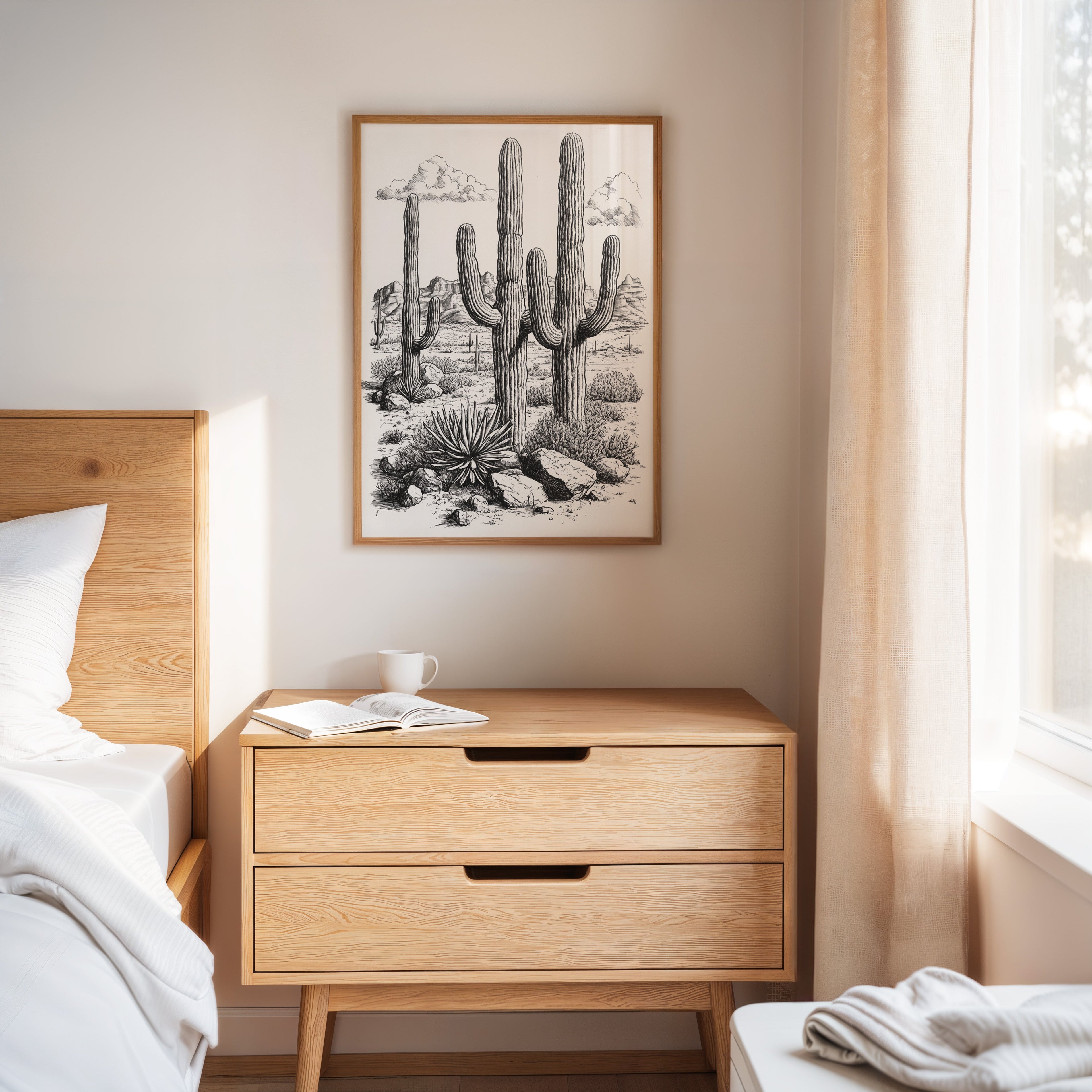 Desert Cactus Line Drawing – Southwestern Saguaro Wall Art