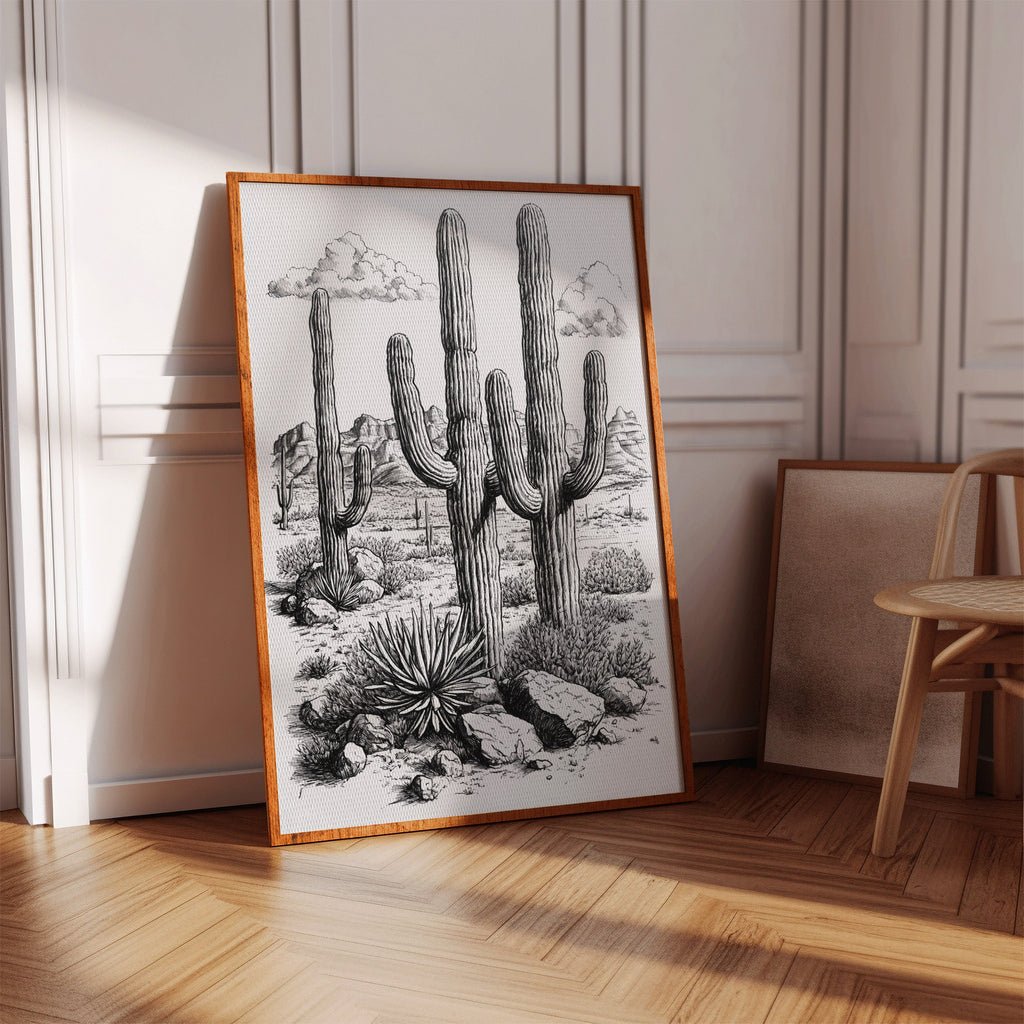Desert Cactus Line Drawing – Southwestern Saguaro Wall Art