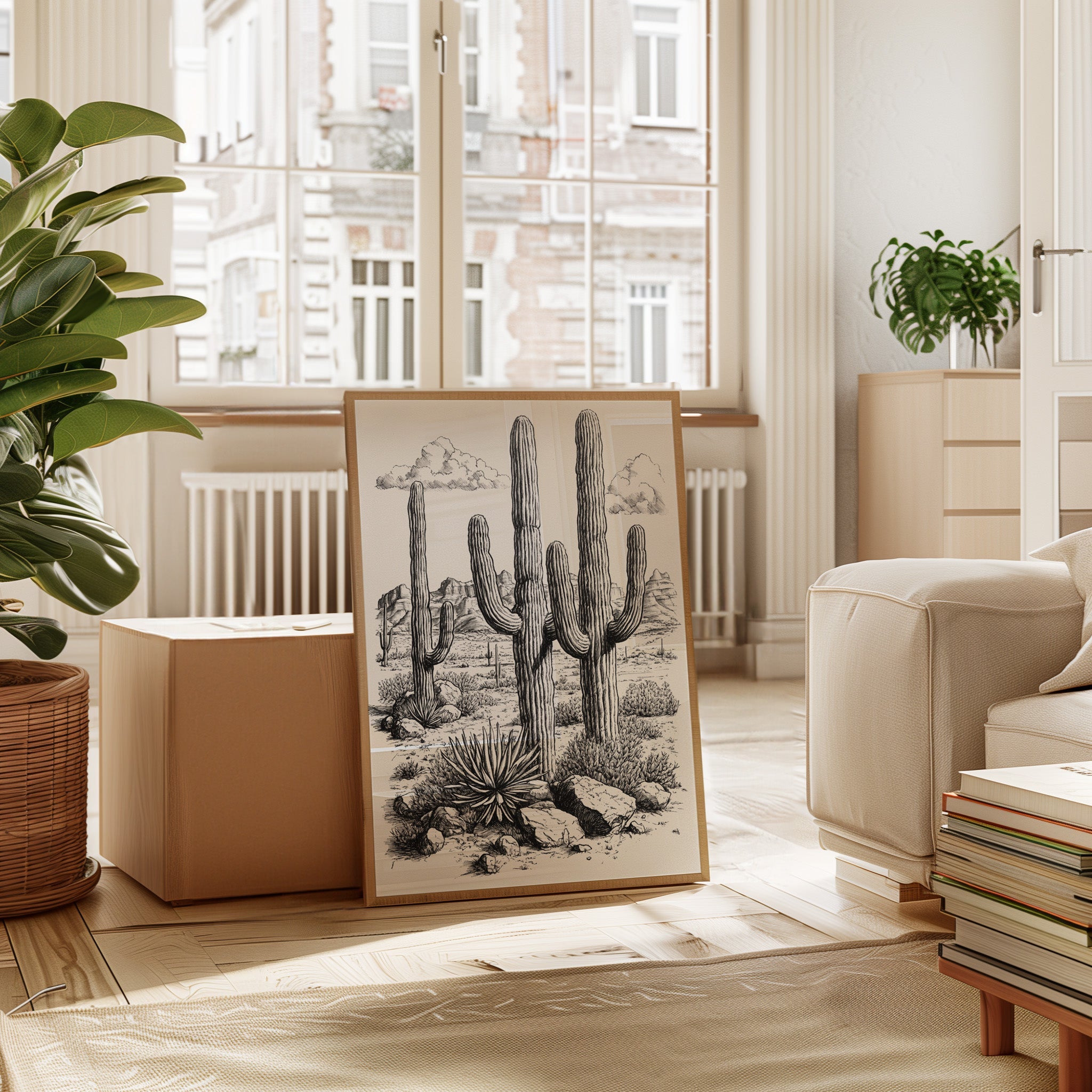 Desert Cactus Line Drawing – Southwestern Saguaro Wall Art
