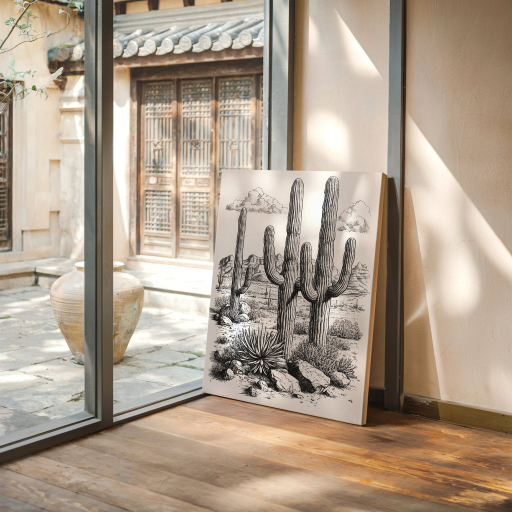 Desert Cactus Line Drawing – Southwestern Saguaro Wall Art