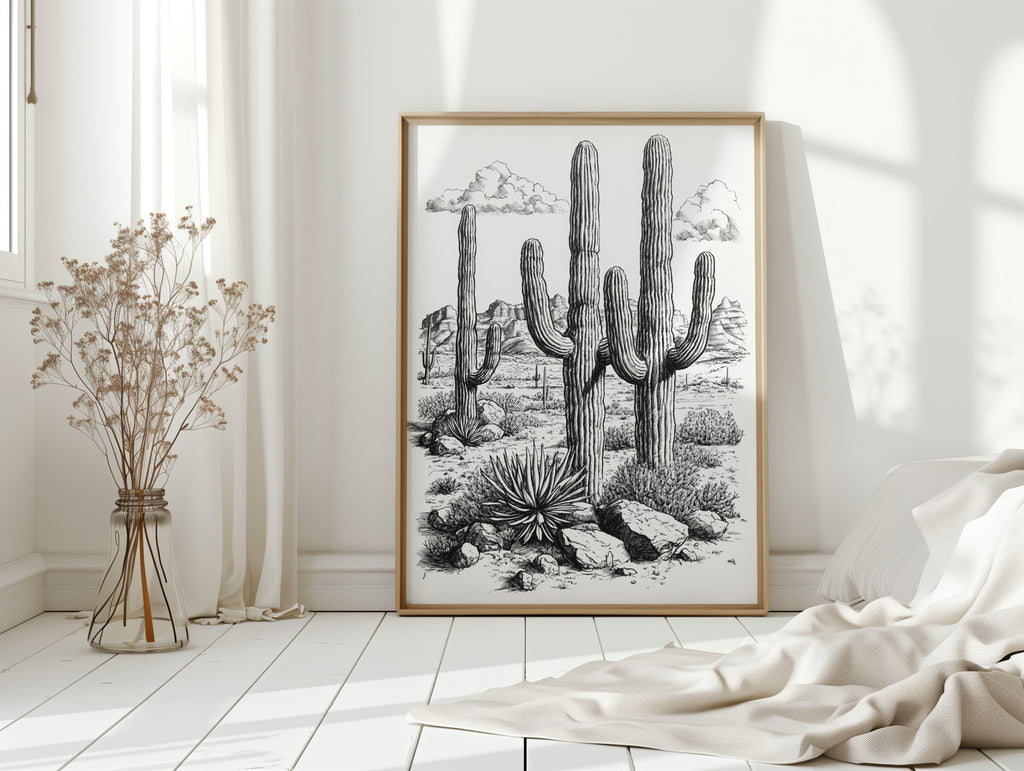 Desert Cactus Line Drawing – Southwestern Saguaro Wall Art