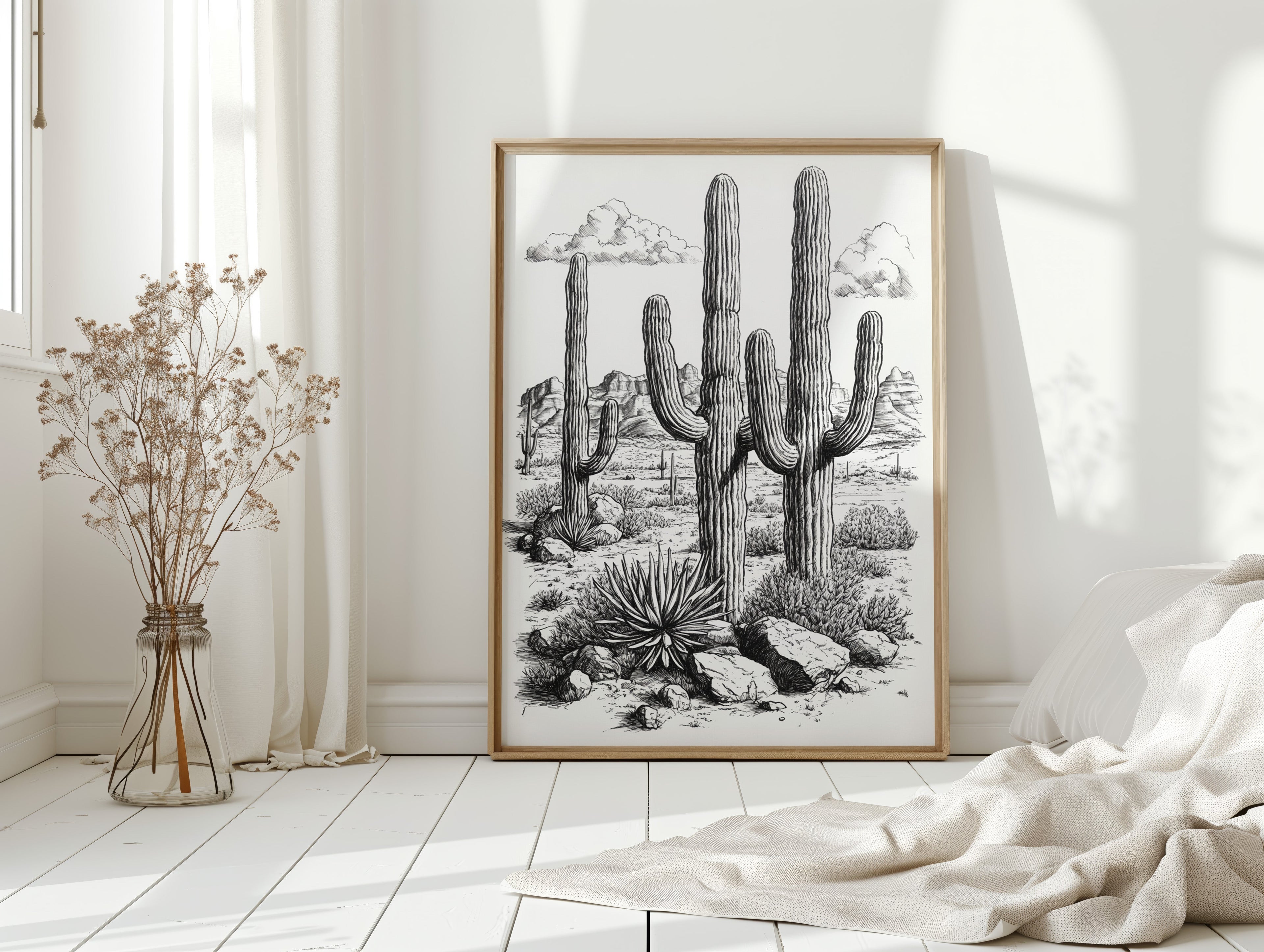 Desert Cactus Line Drawing – Southwestern Saguaro Wall Art
