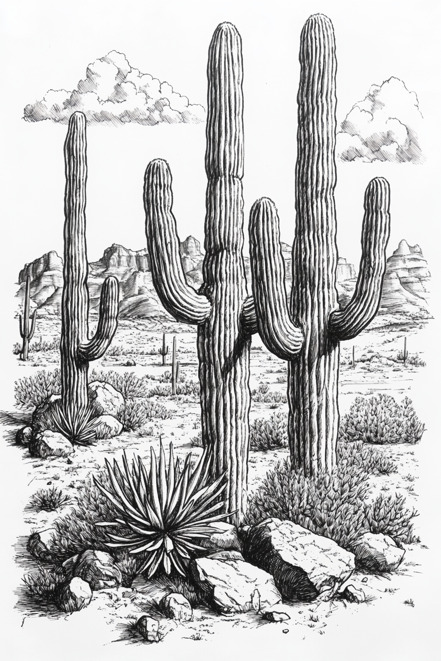 Desert Cactus Line Drawing – Southwestern Saguaro Wall Art