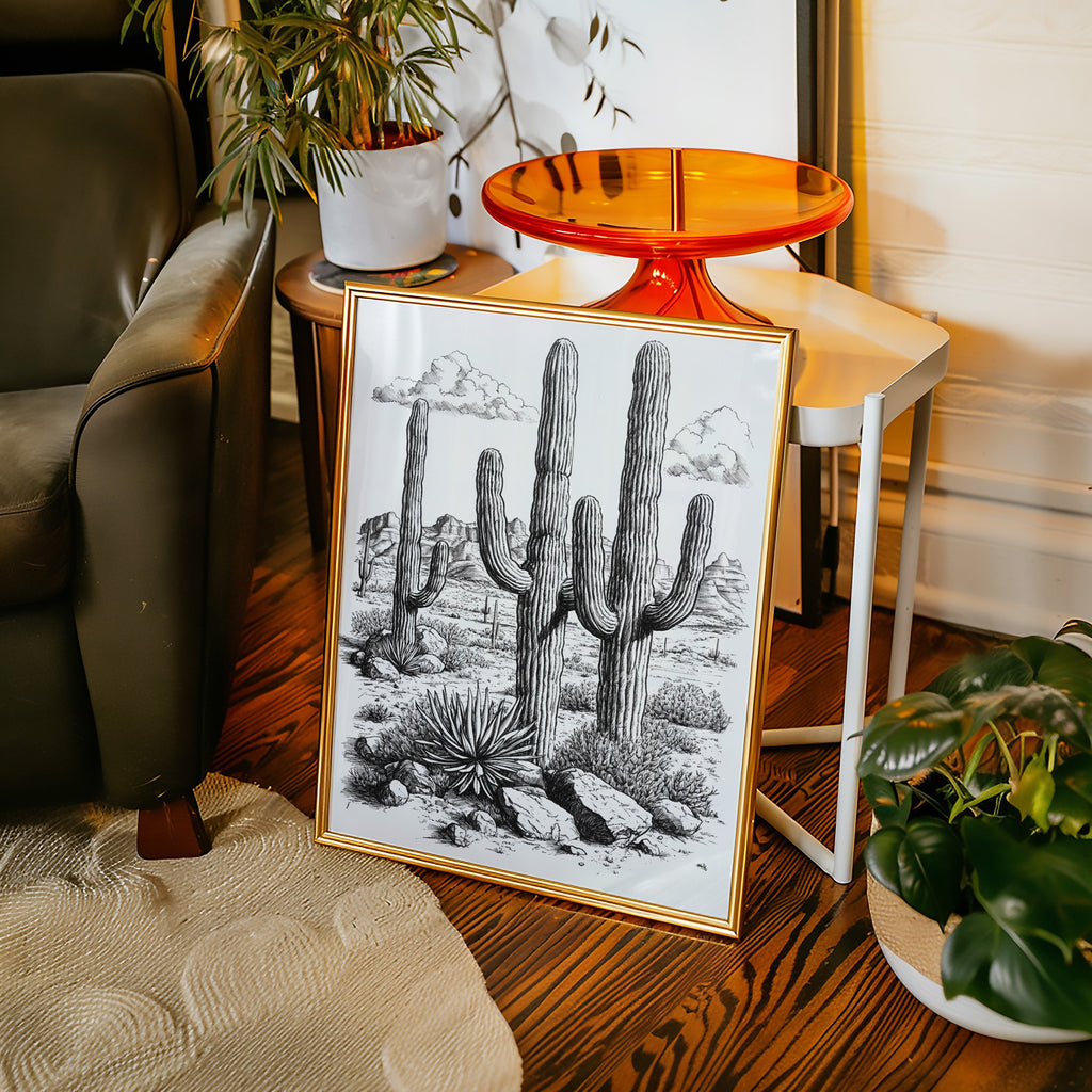 Desert Cactus Line Drawing – Southwestern Saguaro Wall Art
