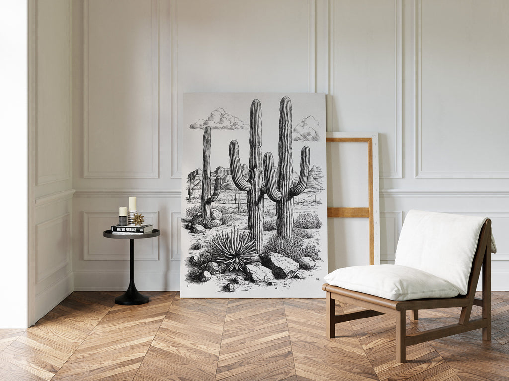 Desert Cactus Line Drawing – Southwestern Saguaro Wall Art