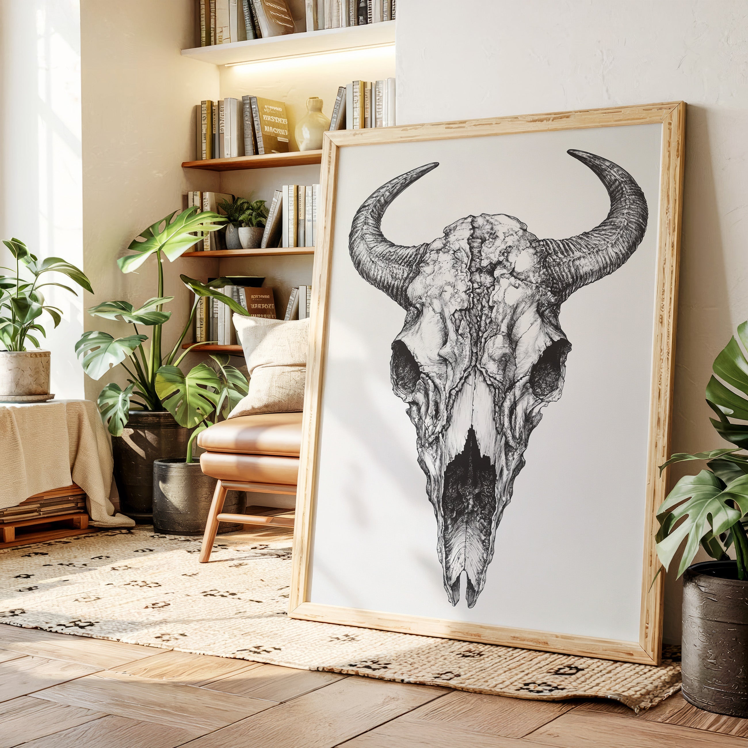 Western Bison Skull – Black Ink Rustic Wall Art