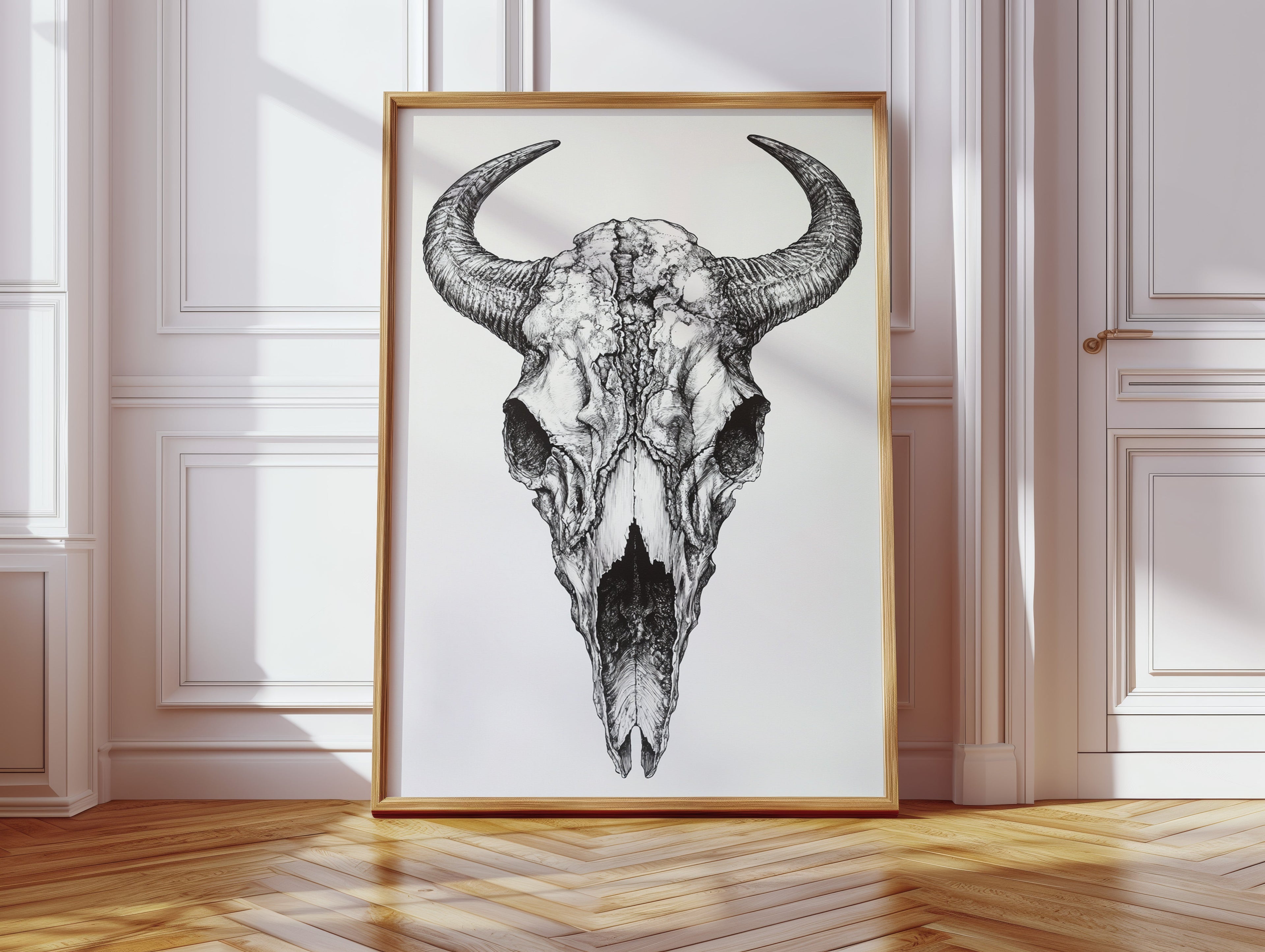 Western Bison Skull – Black Ink Rustic Wall Art