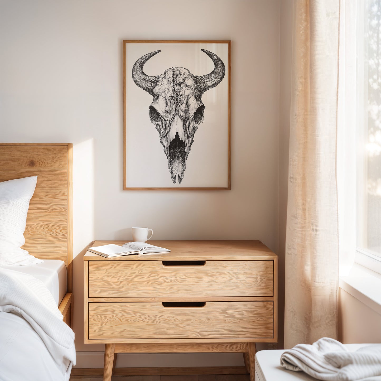 Western Bison Skull – Black Ink Rustic Wall Art