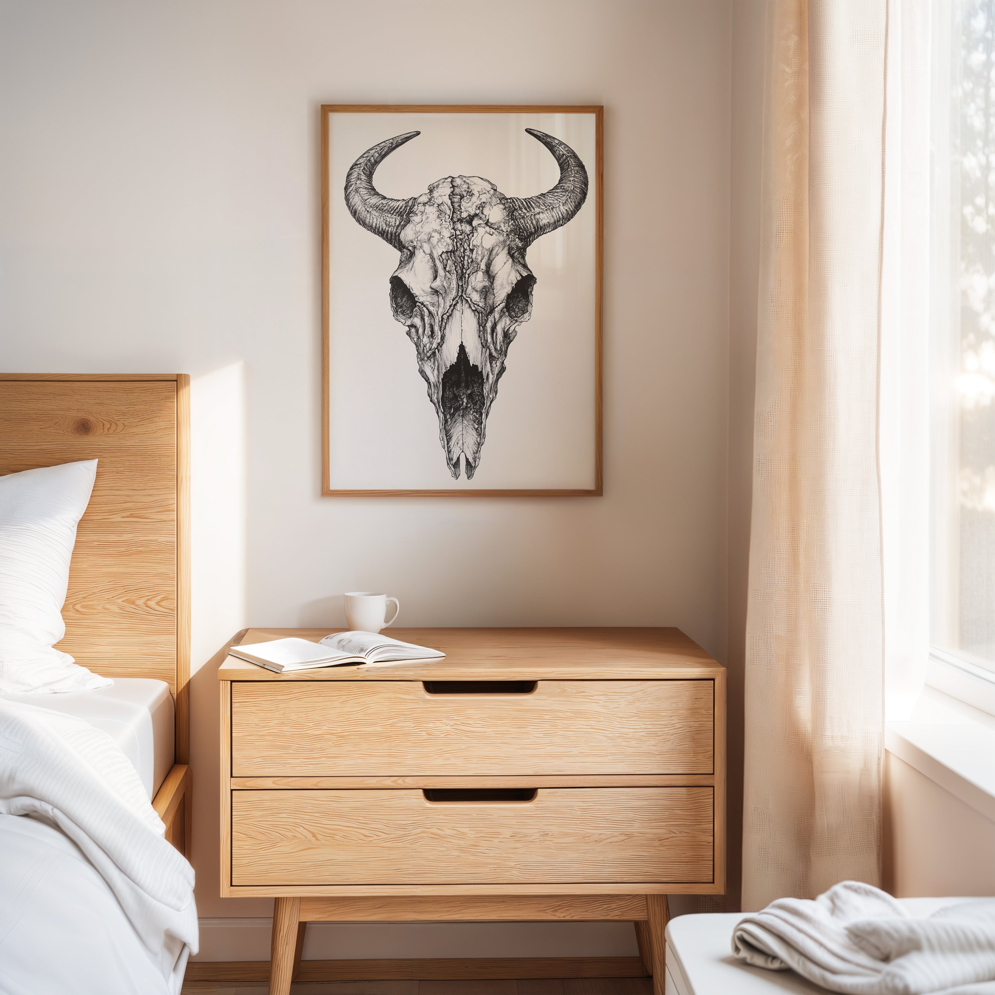 Western Bison Skull – Black Ink Rustic Wall Art