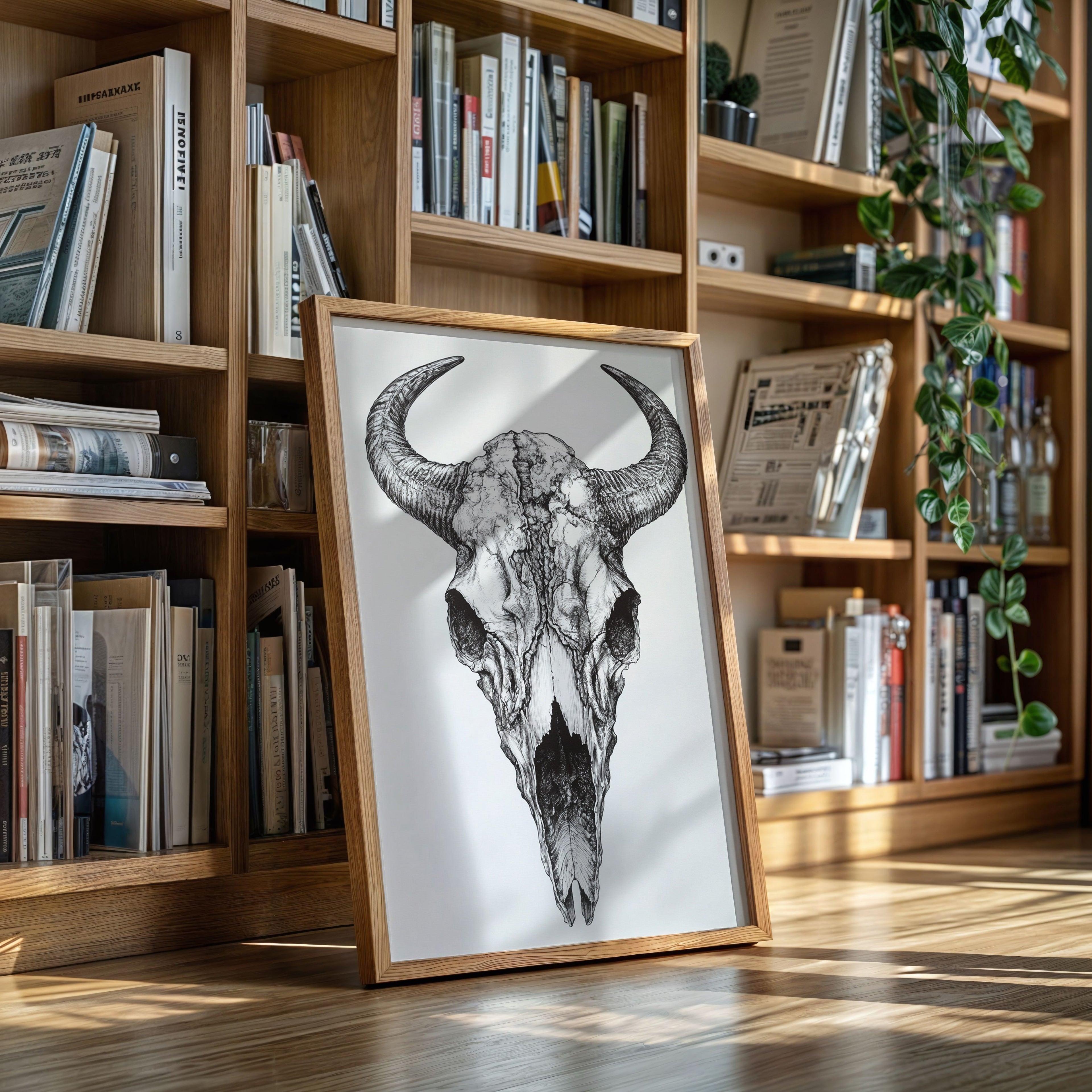 Western Bison Skull – Black Ink Rustic Wall Art