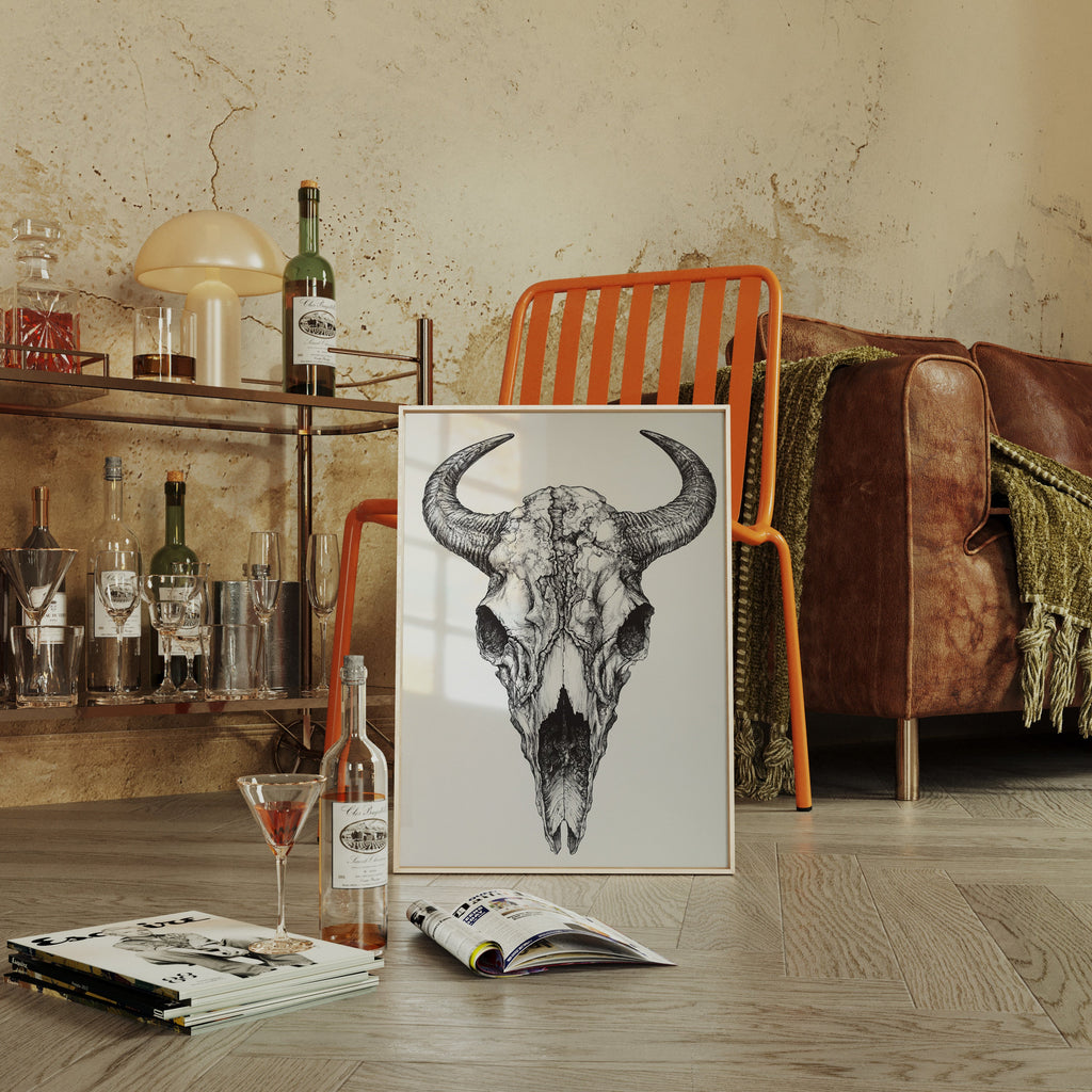 Western Bison Skull – Black Ink Rustic Wall Art
