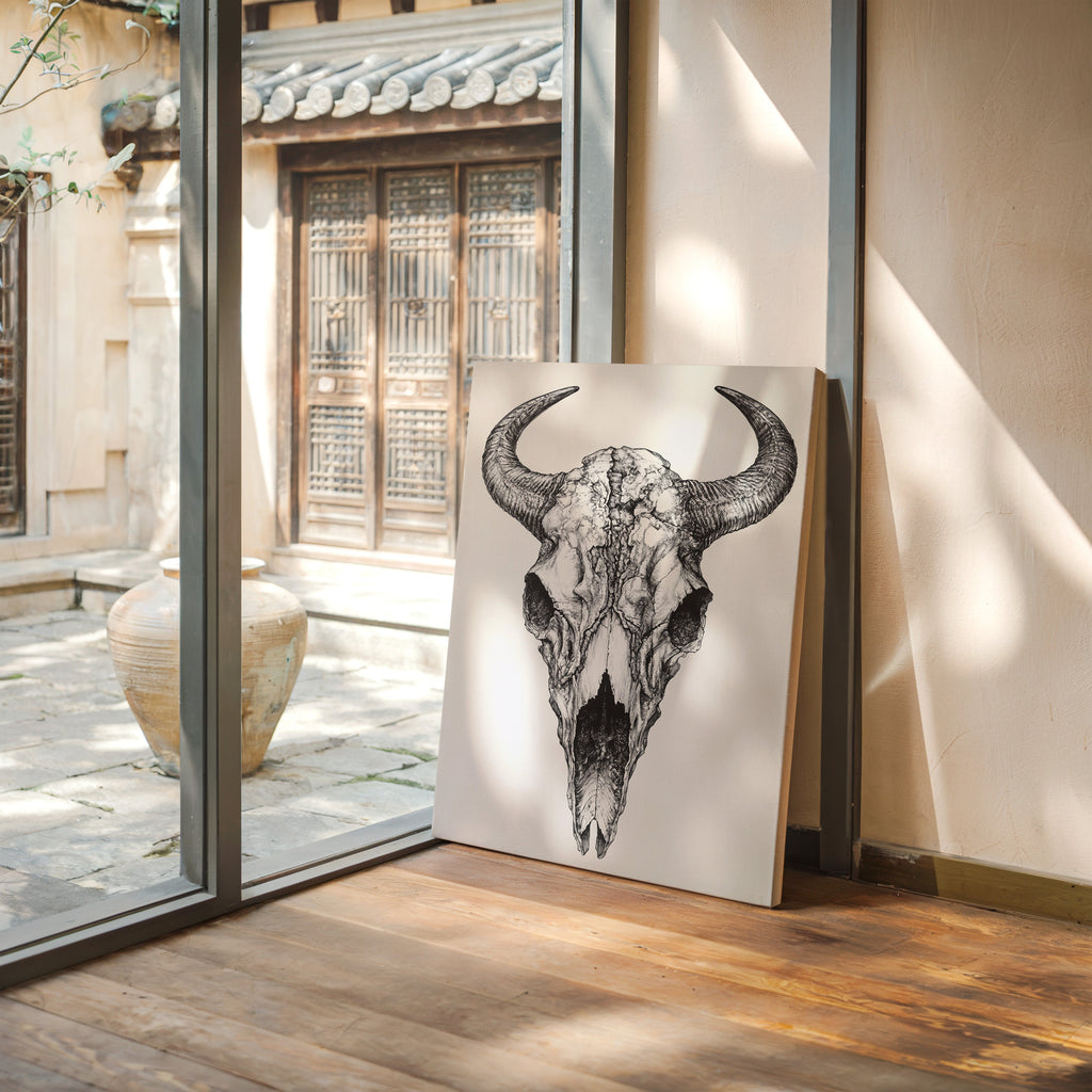 Western Bison Skull – Black Ink Rustic Wall Art
