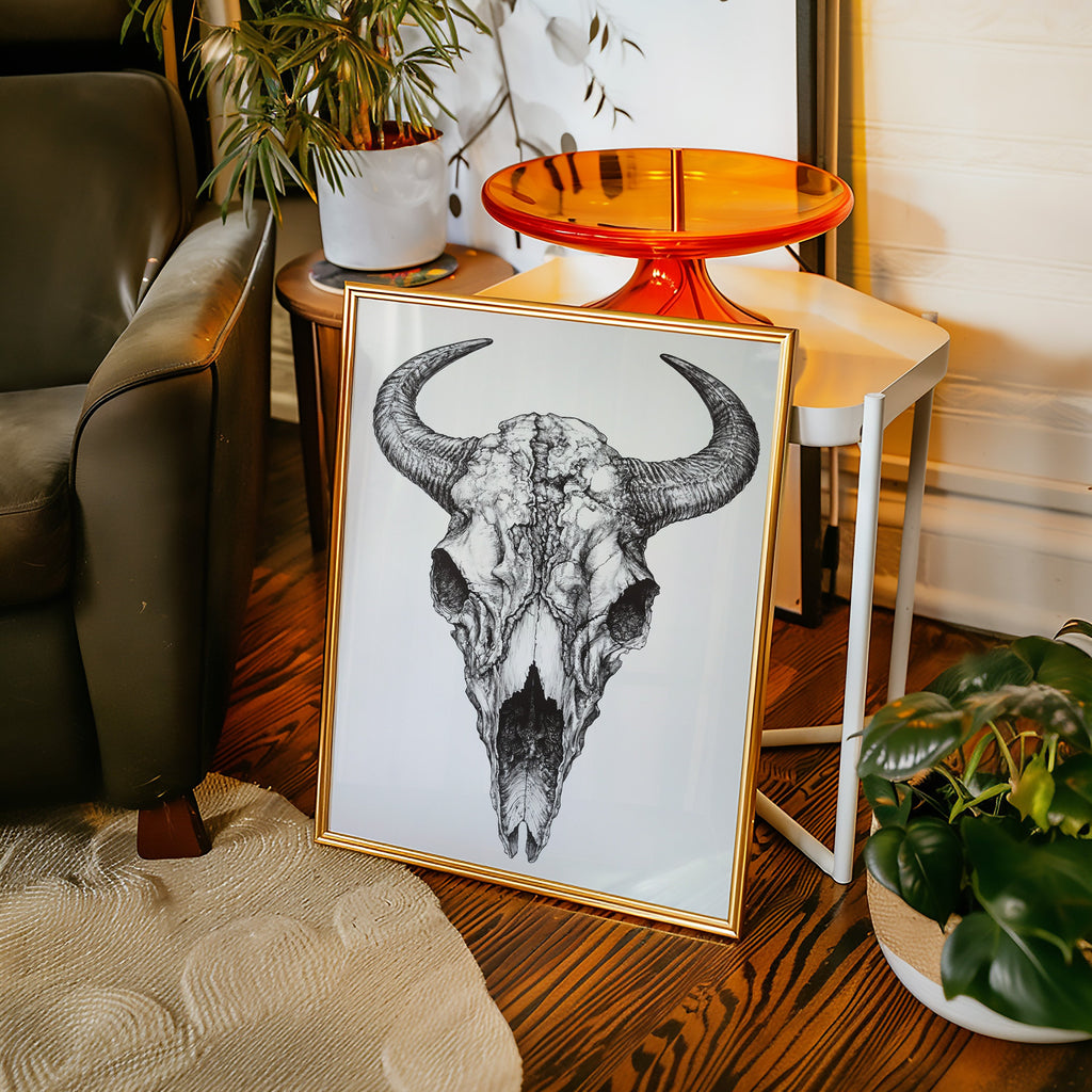 Western Bison Skull – Black Ink Rustic Wall Art