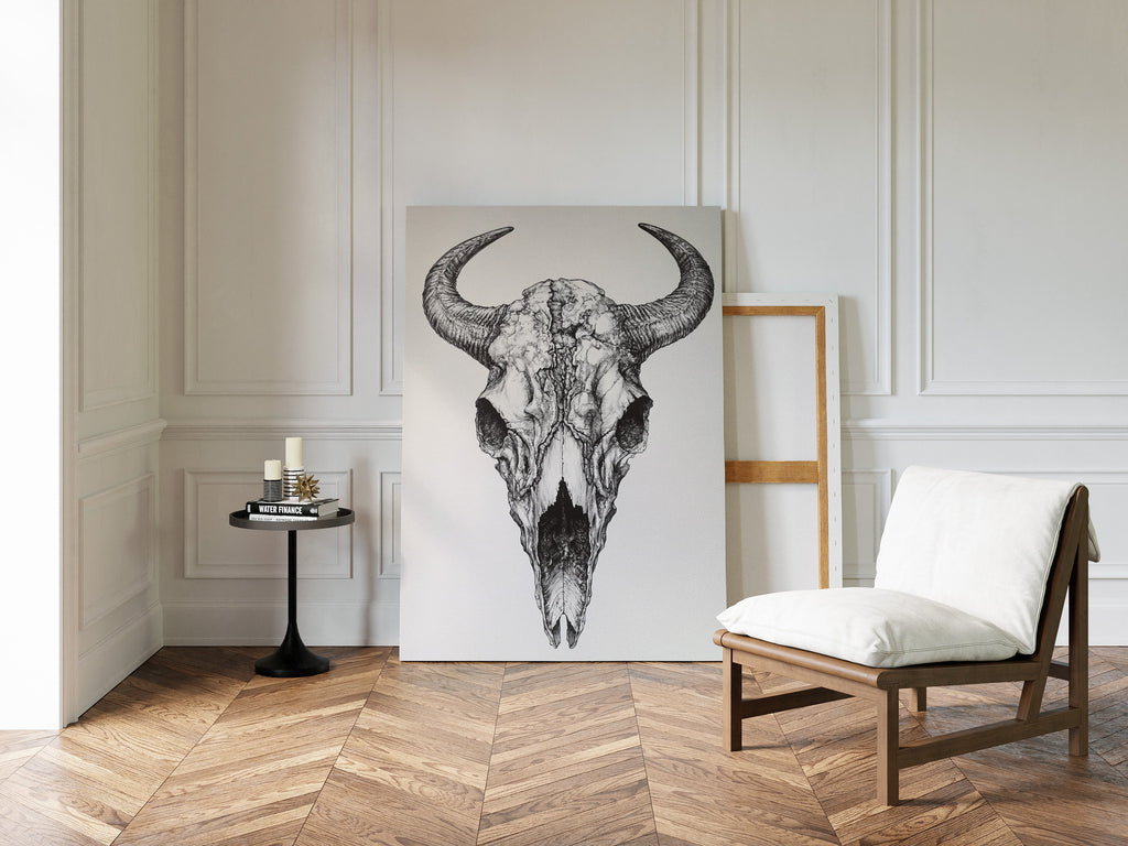 Western Bison Skull – Black Ink Rustic Wall Art