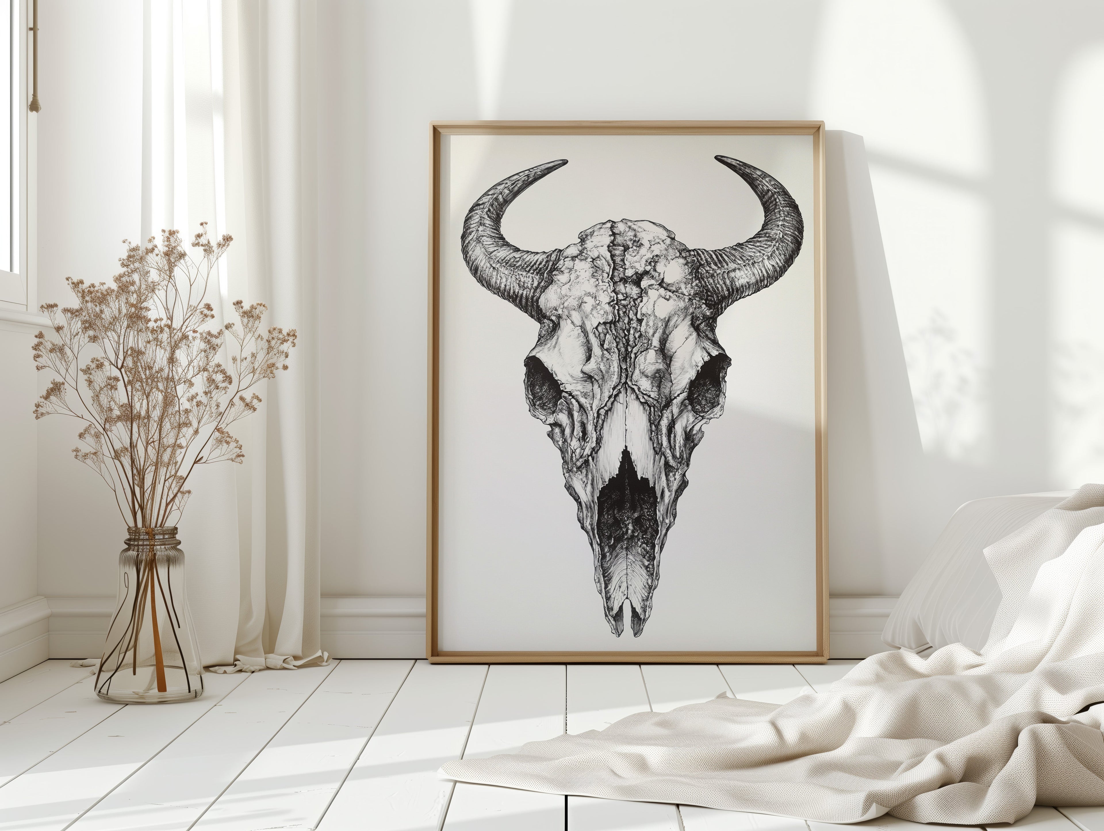 Western Bison Skull – Black Ink Rustic Wall Art
