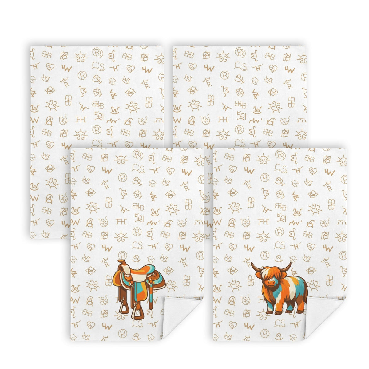 Baha Ranch Set of 4 Minimalistic Western Highland Cow Cattle Brands Kitchen Towels