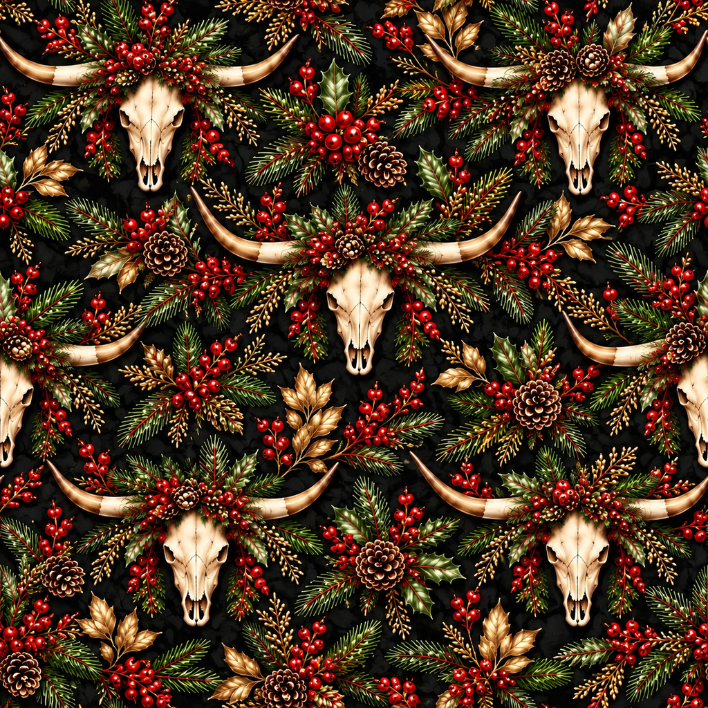 Longhorn & Holly Western Christmas Wrapping Paper
