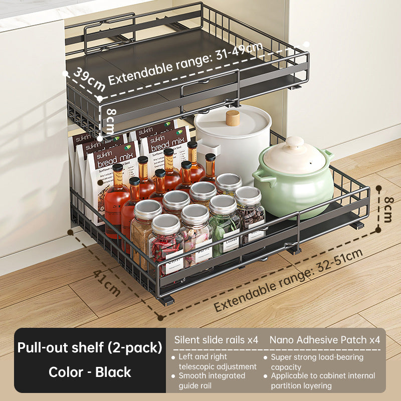 No Drill Pull Out Spice Rack - Adjustable Slide Out Shelf for Kitchen Cabinets (2 Pack)