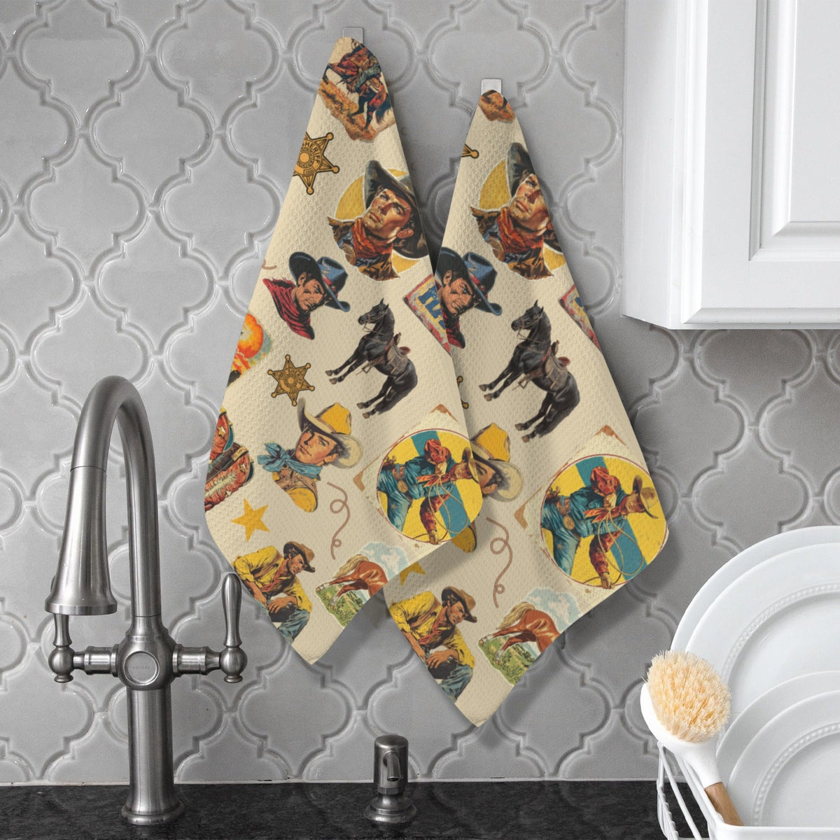 Baha Ranch Vintage Cowboy Collage Set of 2 Dish Towels