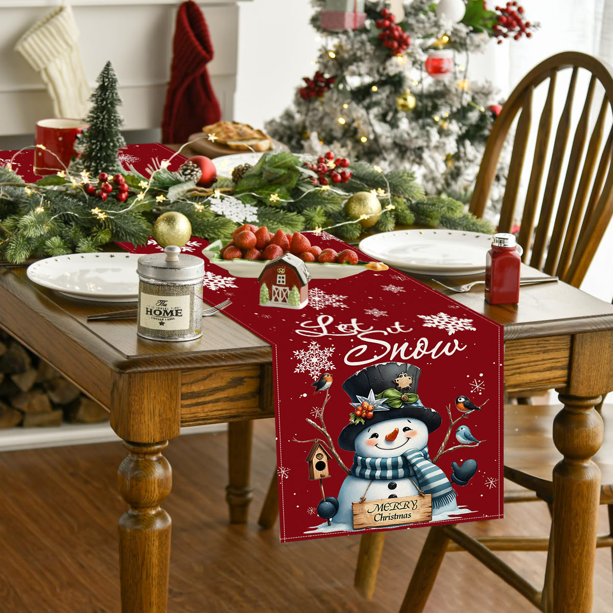Christmas snowman linen tablerunner