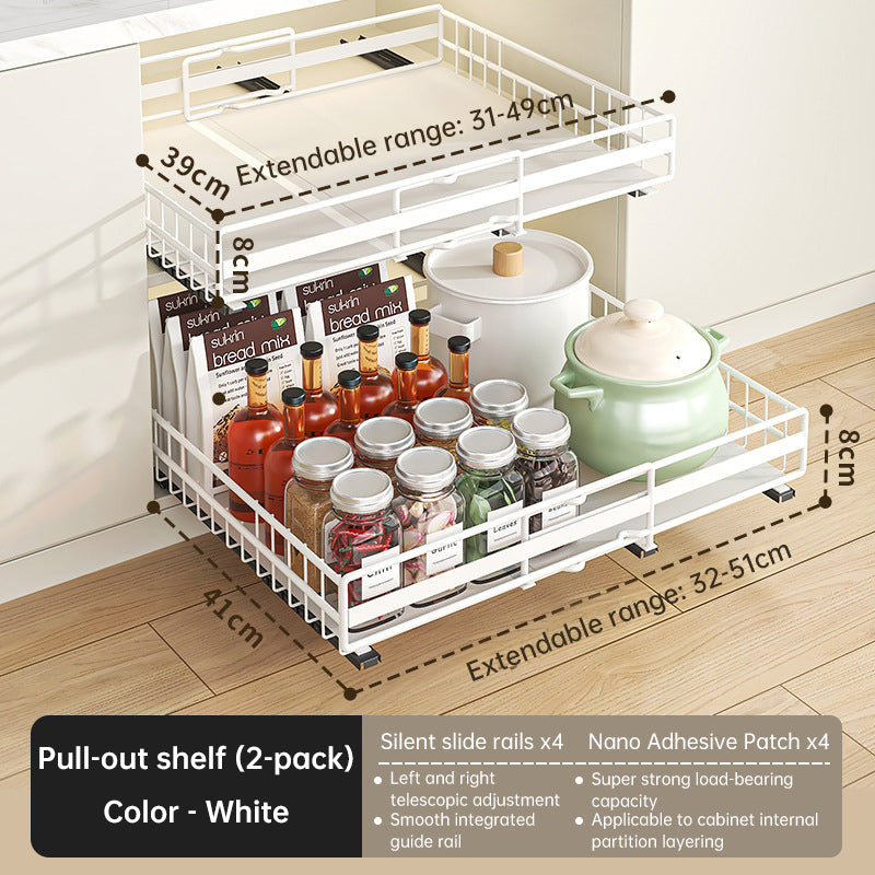 No Drill Pull Out Spice Rack - Adjustable Slide Out Shelf for Kitchen Cabinets (2 Pack)