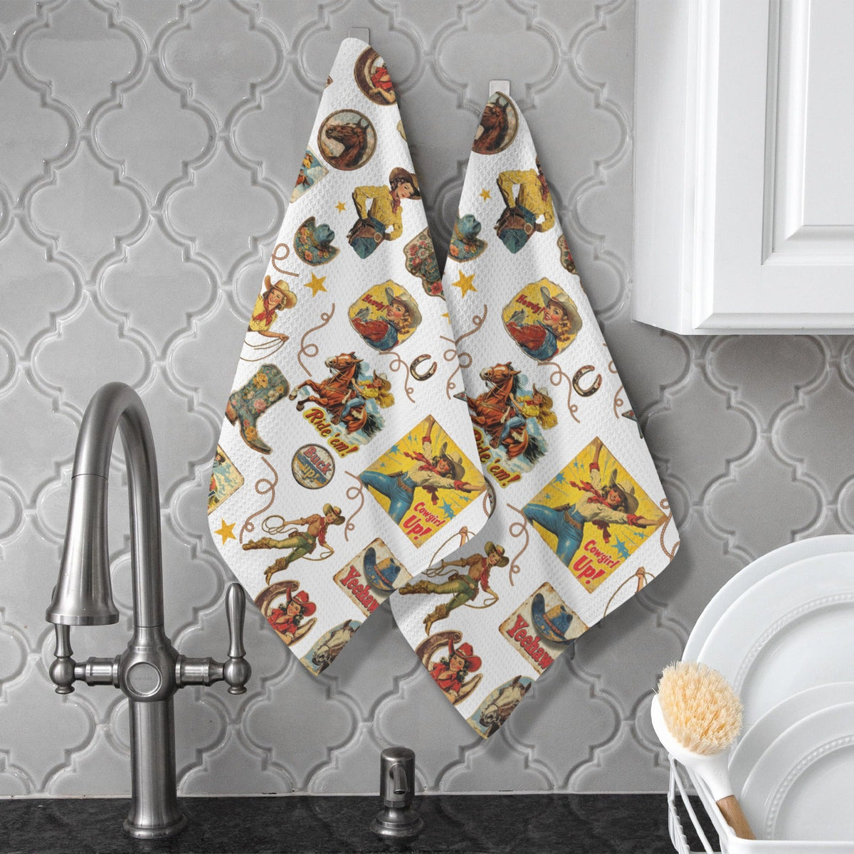 Baha Ranch Vintage Cowgirl Collage Dish Towels Set of 2