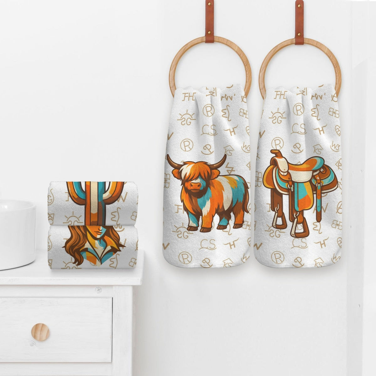 Baha Ranch Set of 4 Minimalistic Western Highland Cow Cattle Brands Kitchen Towels