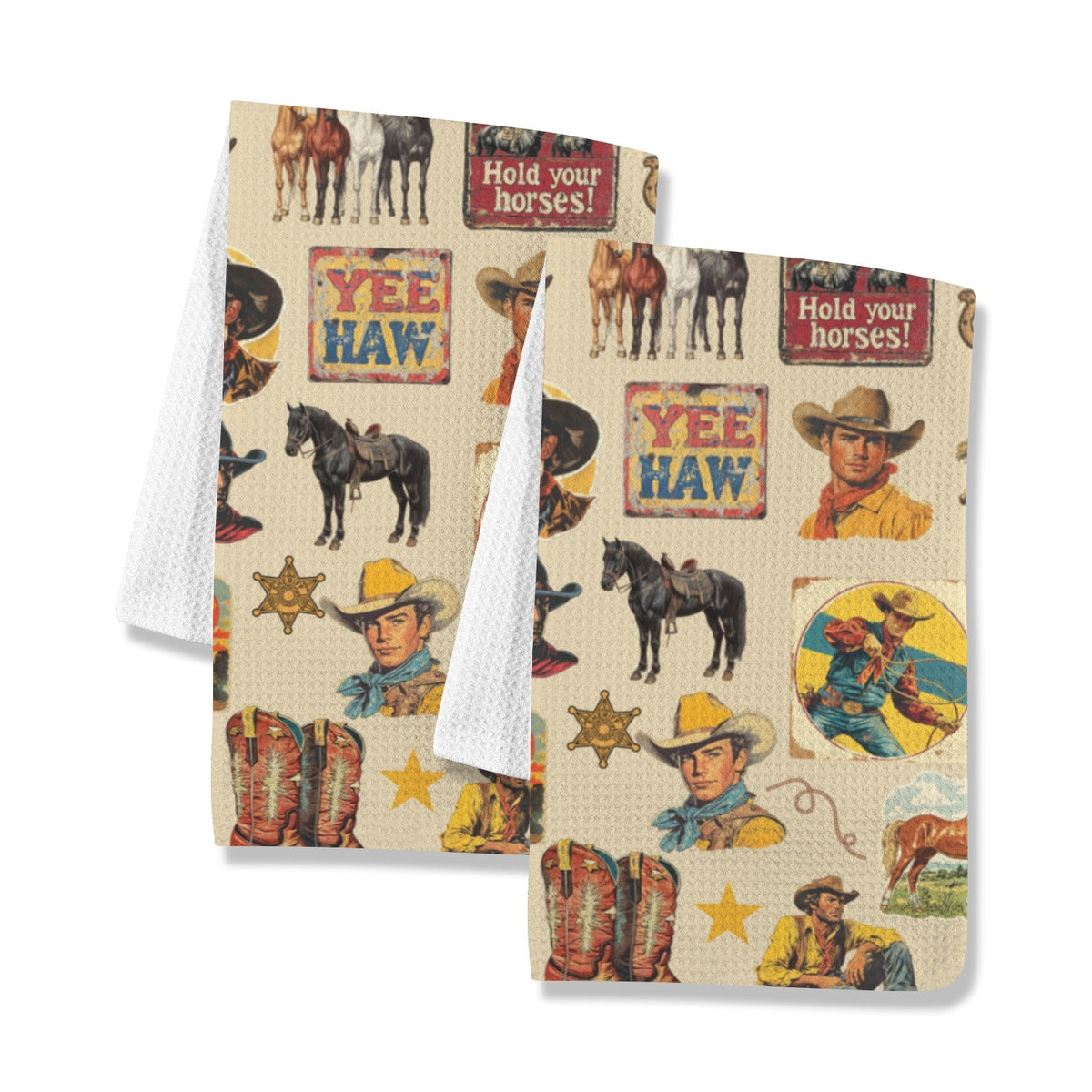 Baha Ranch Vintage Cowboy Collage Set of 2 Dish Towels